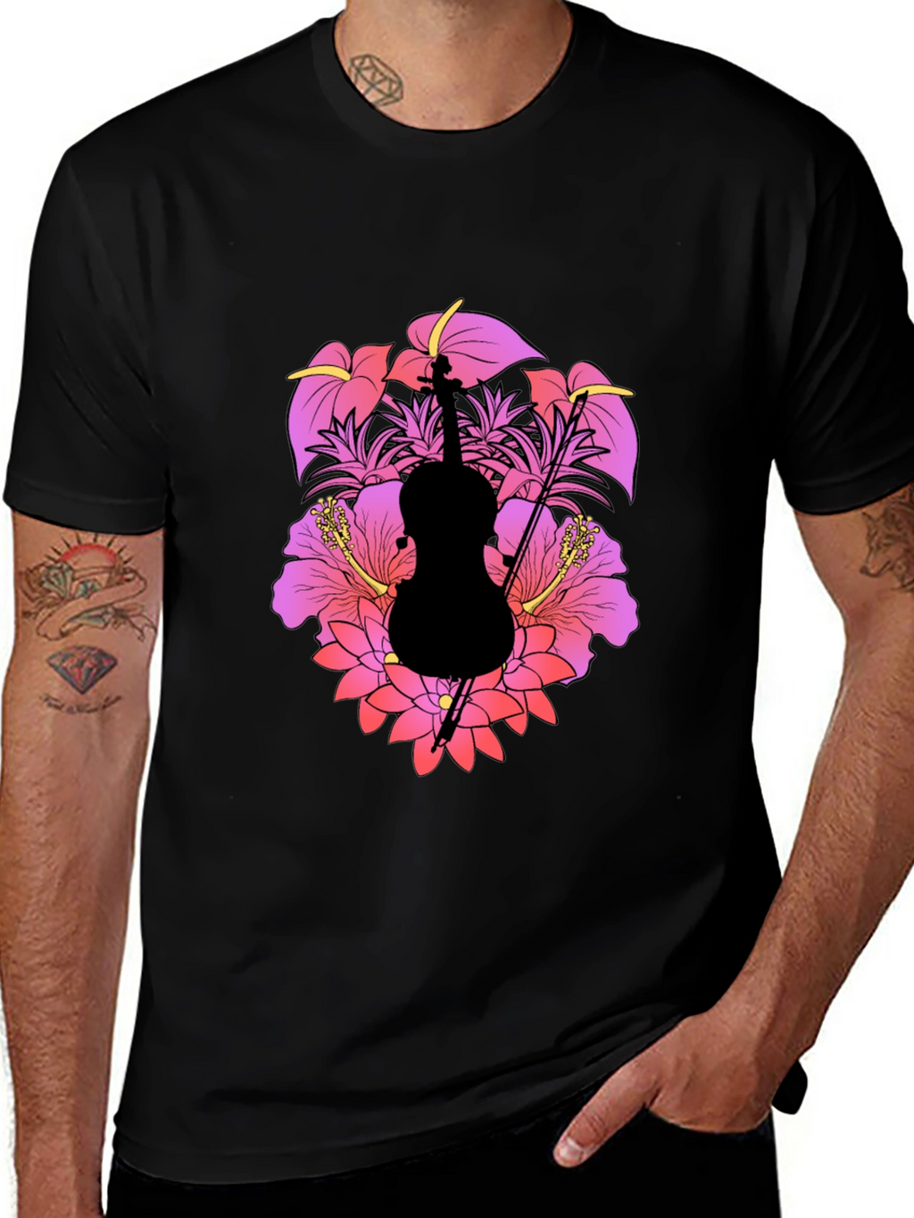 Floral Cello Mens Black T-Shirt