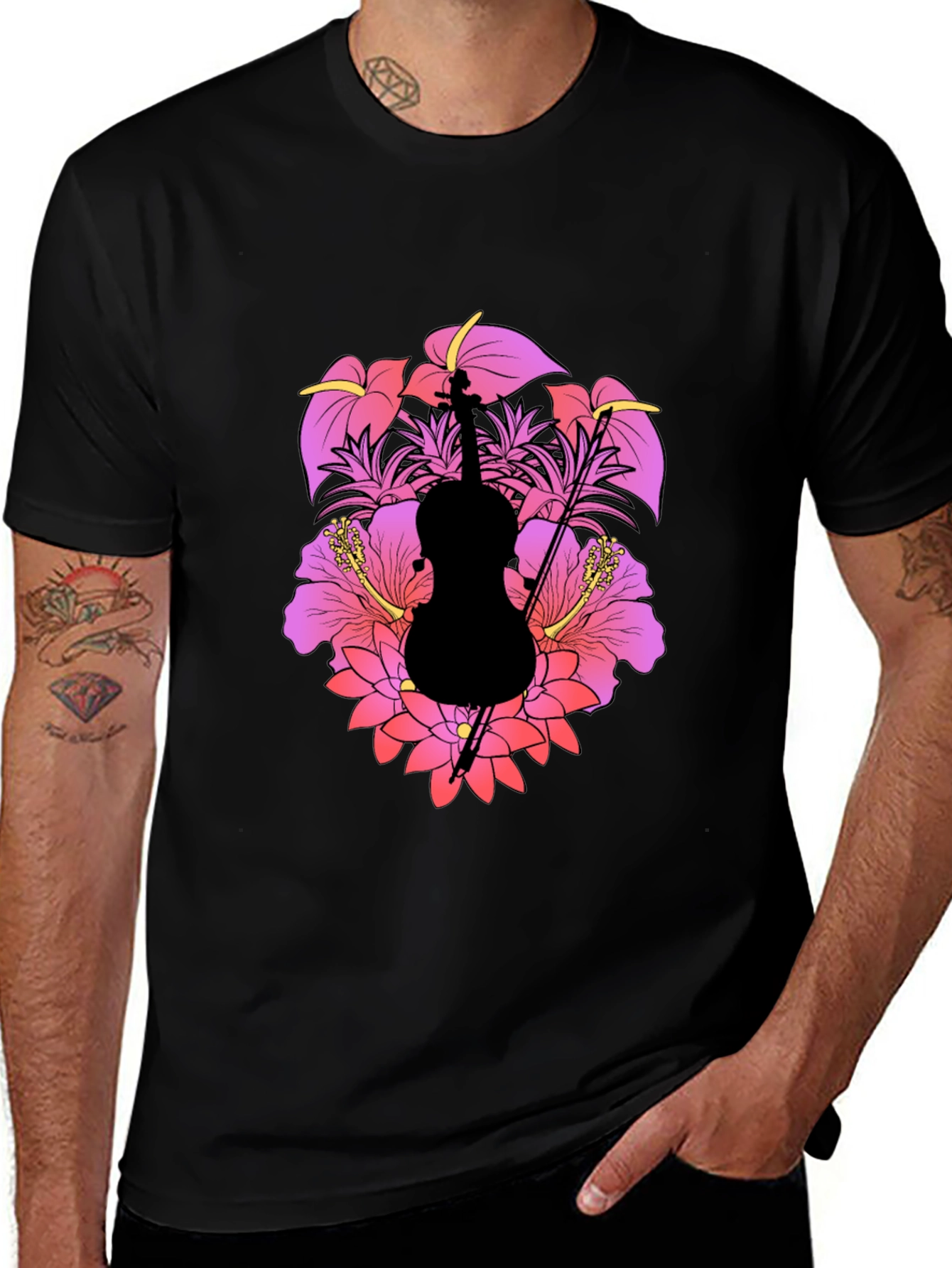 Floral Cello Mens Black T-Shirt