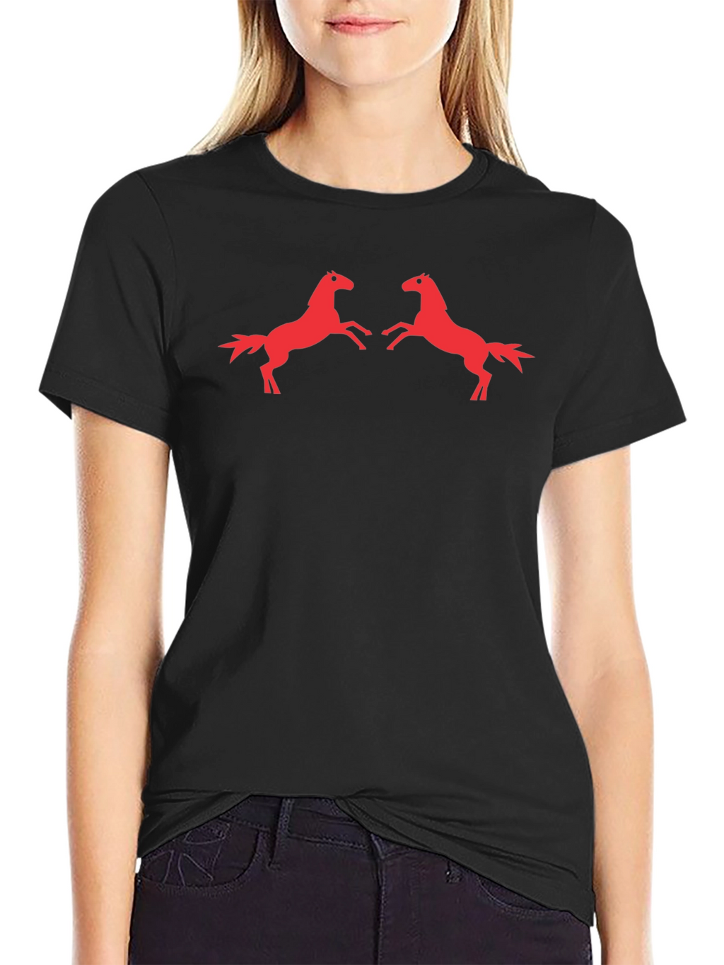 Bold Black Tee with Prancing Red Horses