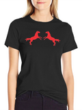 Bold Black Tee with Prancing Red Horses