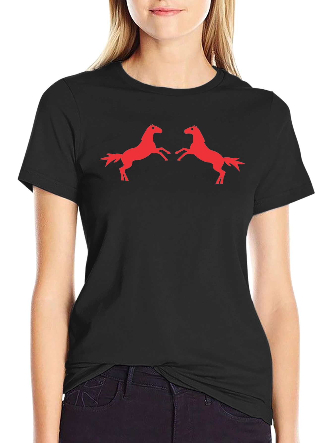 Bold Black Tee with Prancing Red Horses