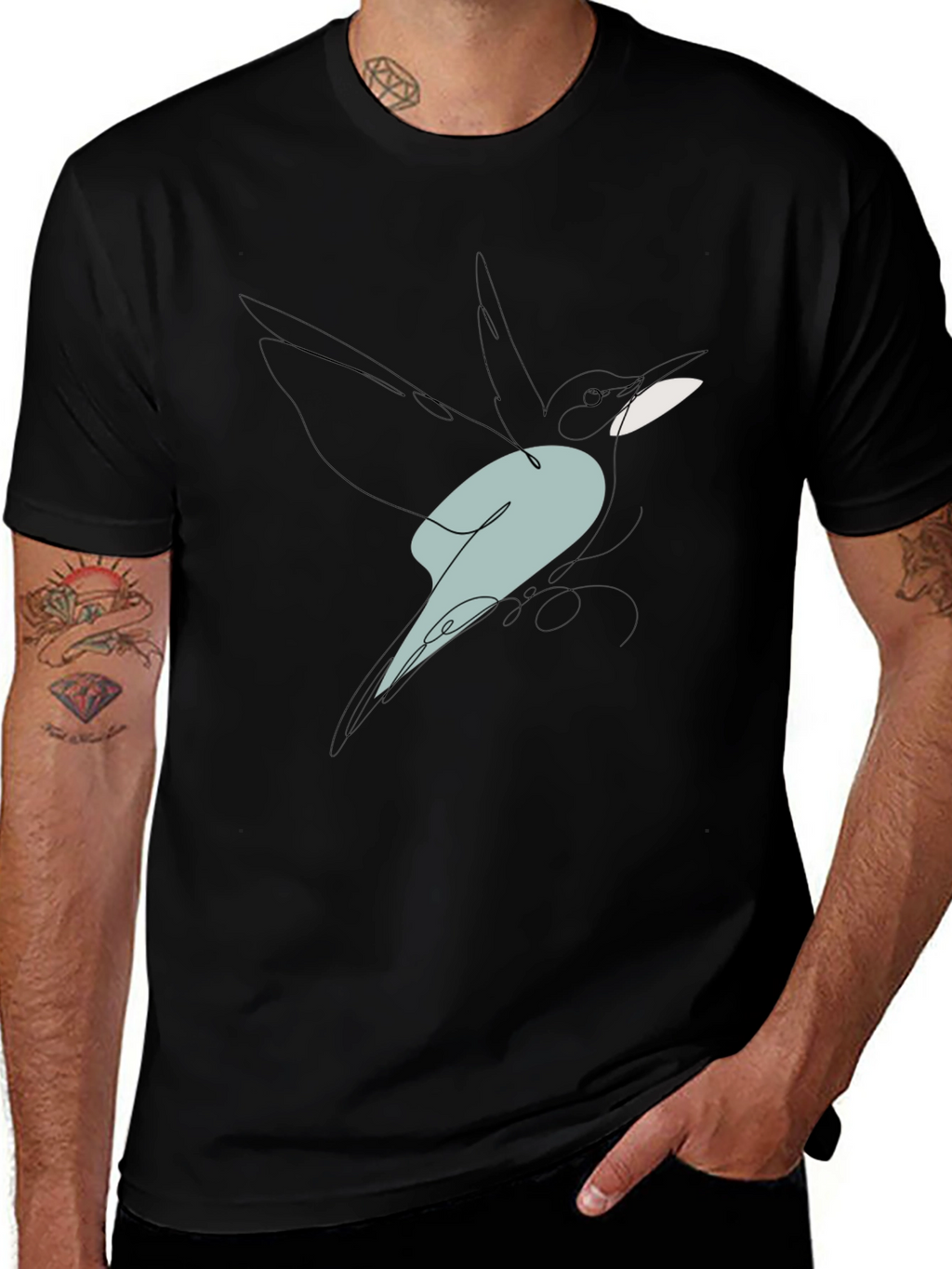 Abstract Bird Line Art Graphic Tee - Black