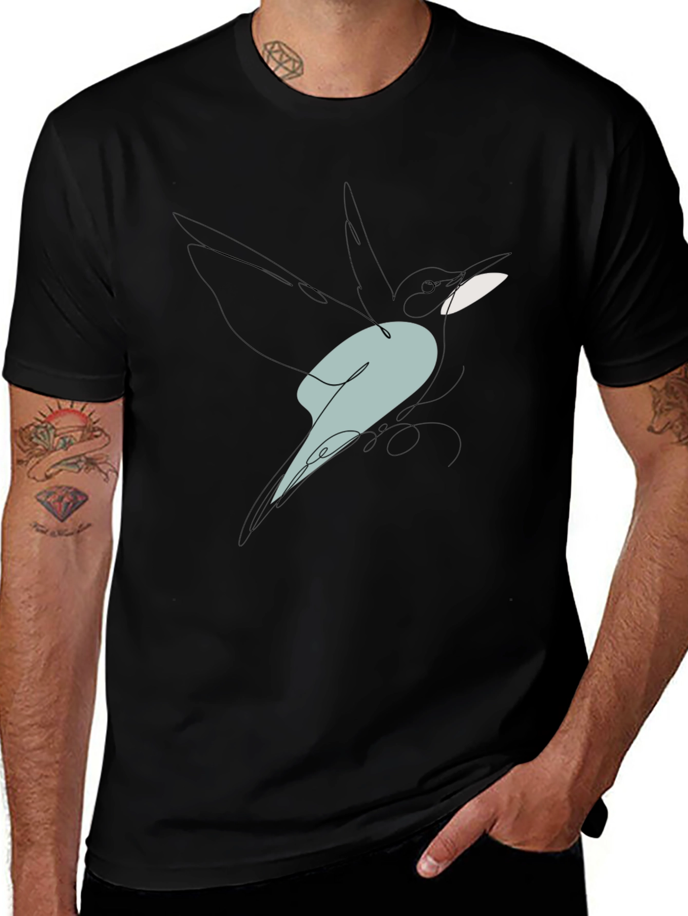Abstract Bird Line Art Graphic Tee - Black