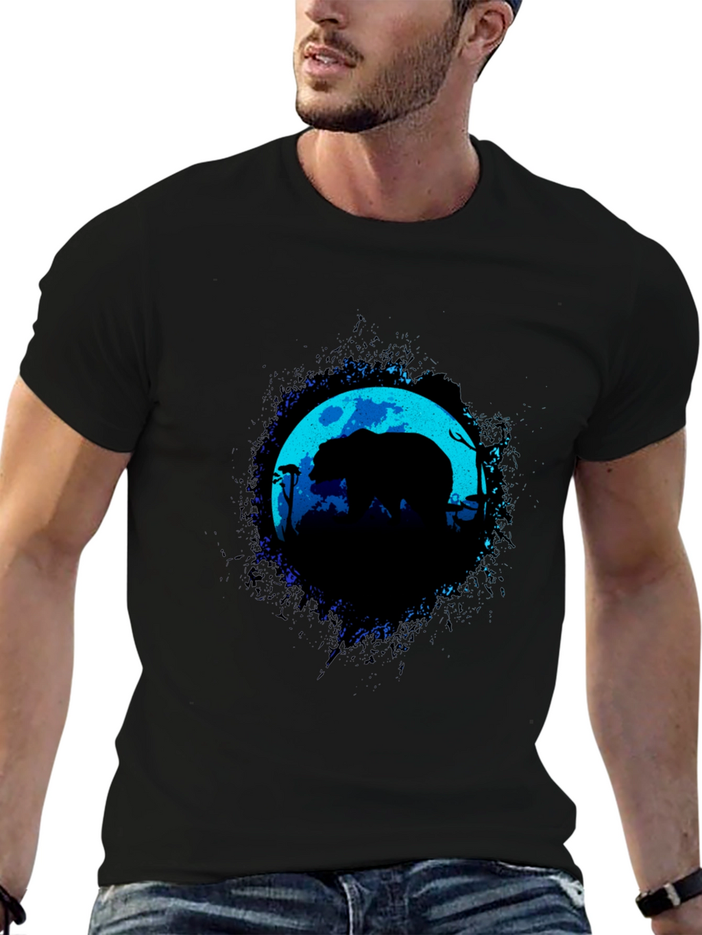 Bear Moon Silhouette Graphic Black T-Shirt