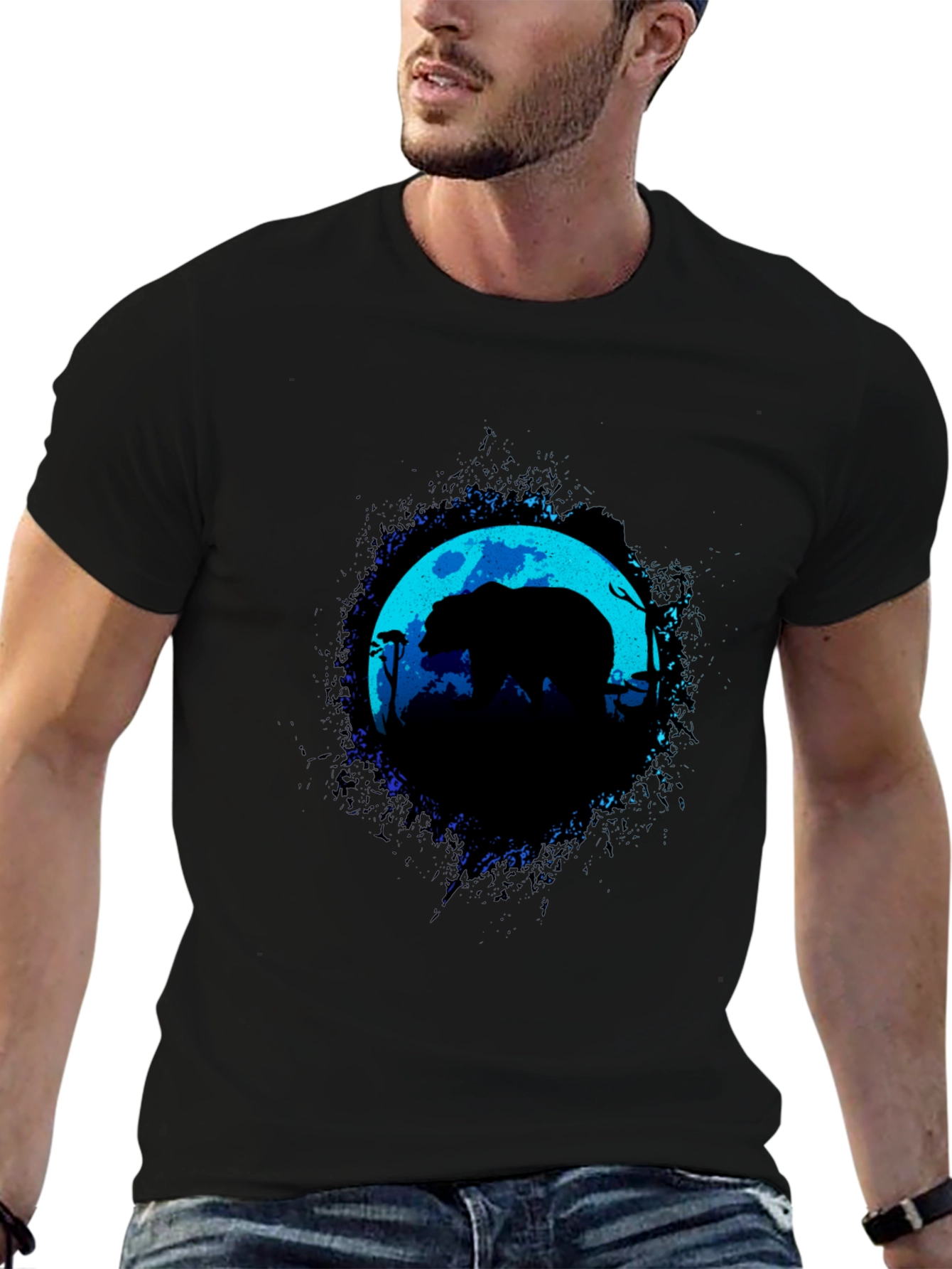 Bear Moon Silhouette Graphic Black T-Shirt