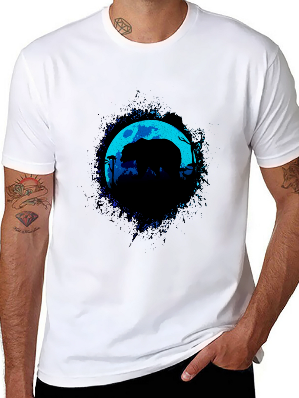 Bear Moon Silhouette Graphic Black T-Shirt