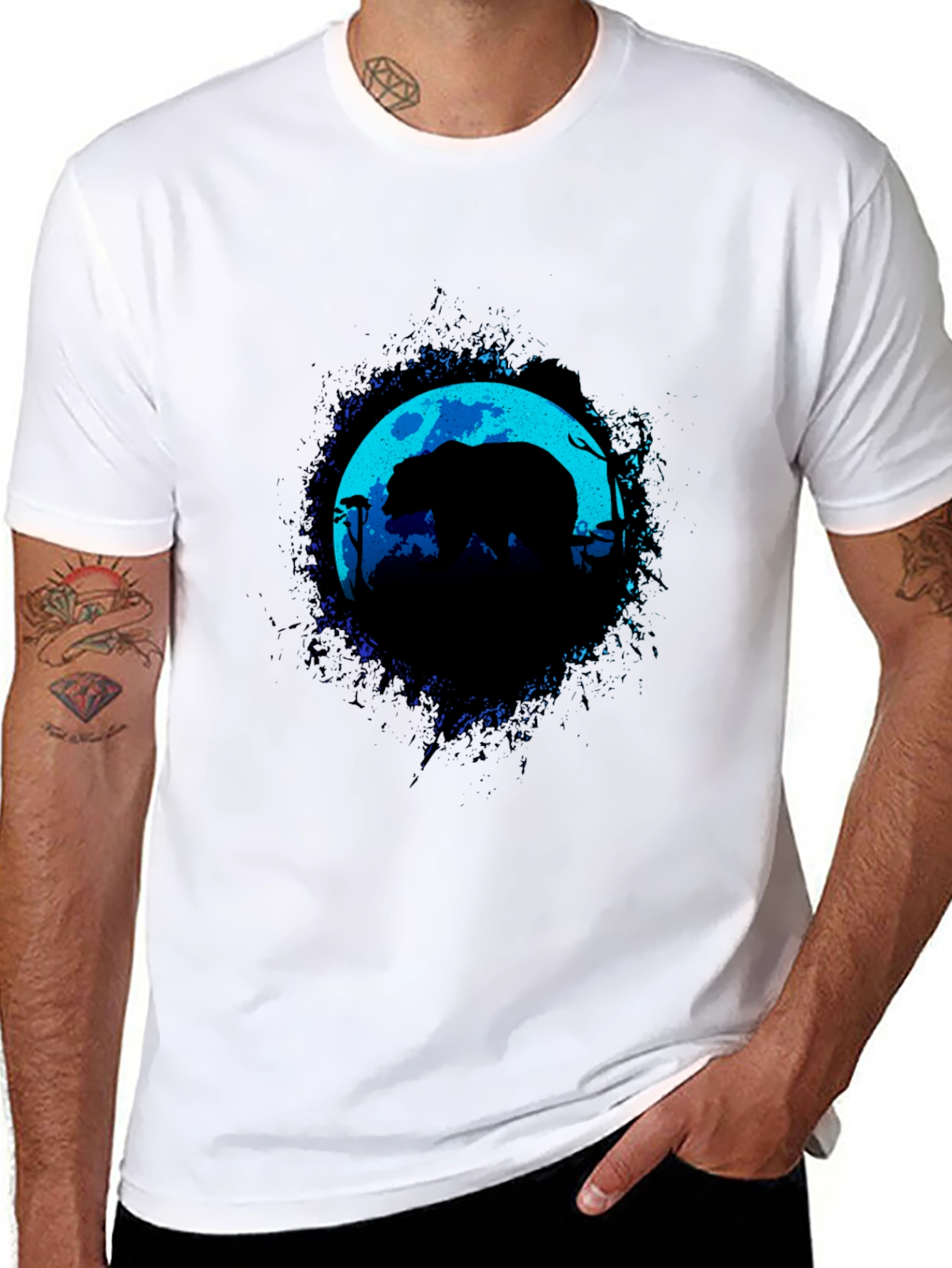 Bear Moon Silhouette Graphic Black T-Shirt