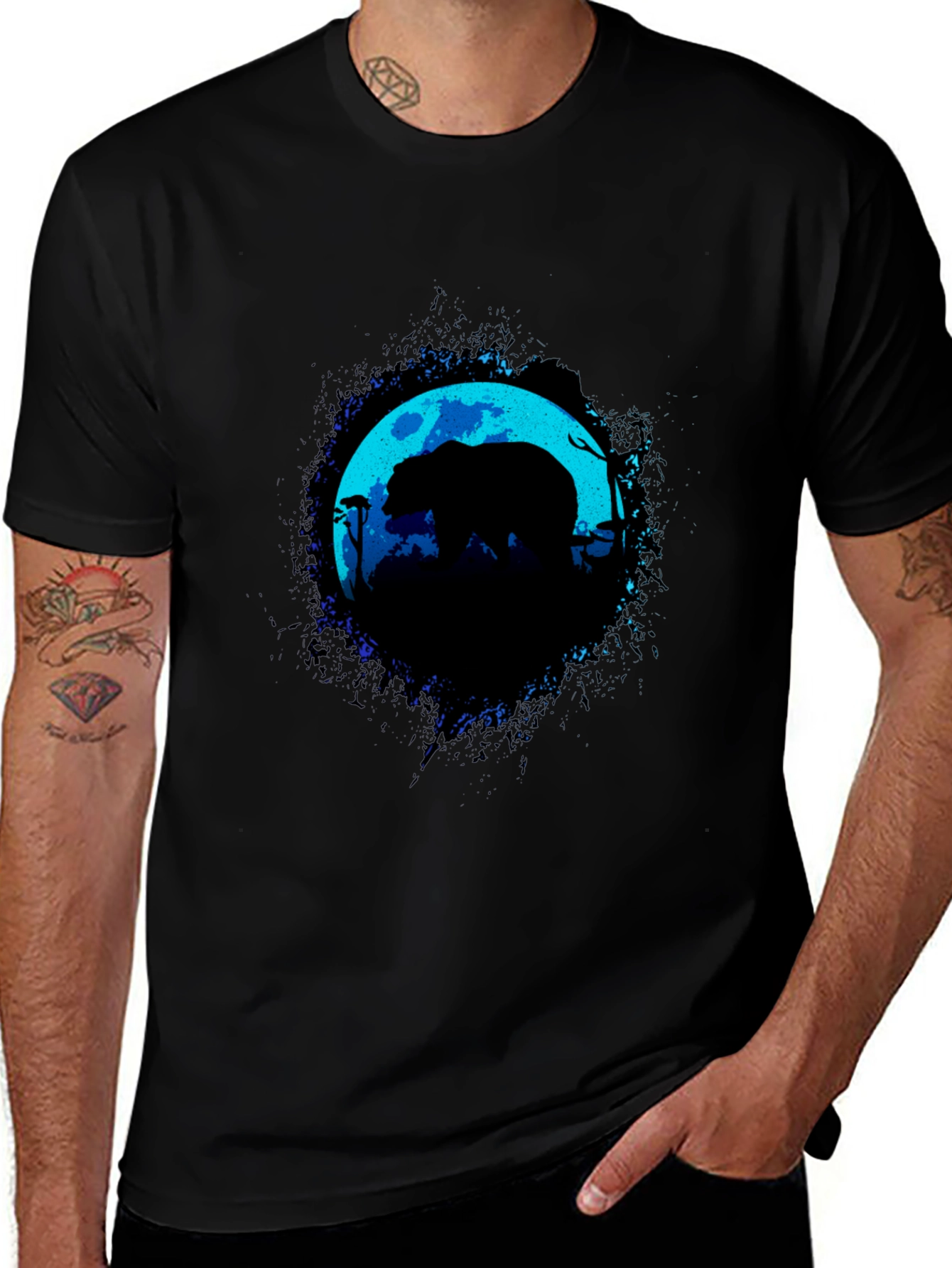 Bear Moon Silhouette Graphic Black T-Shirt