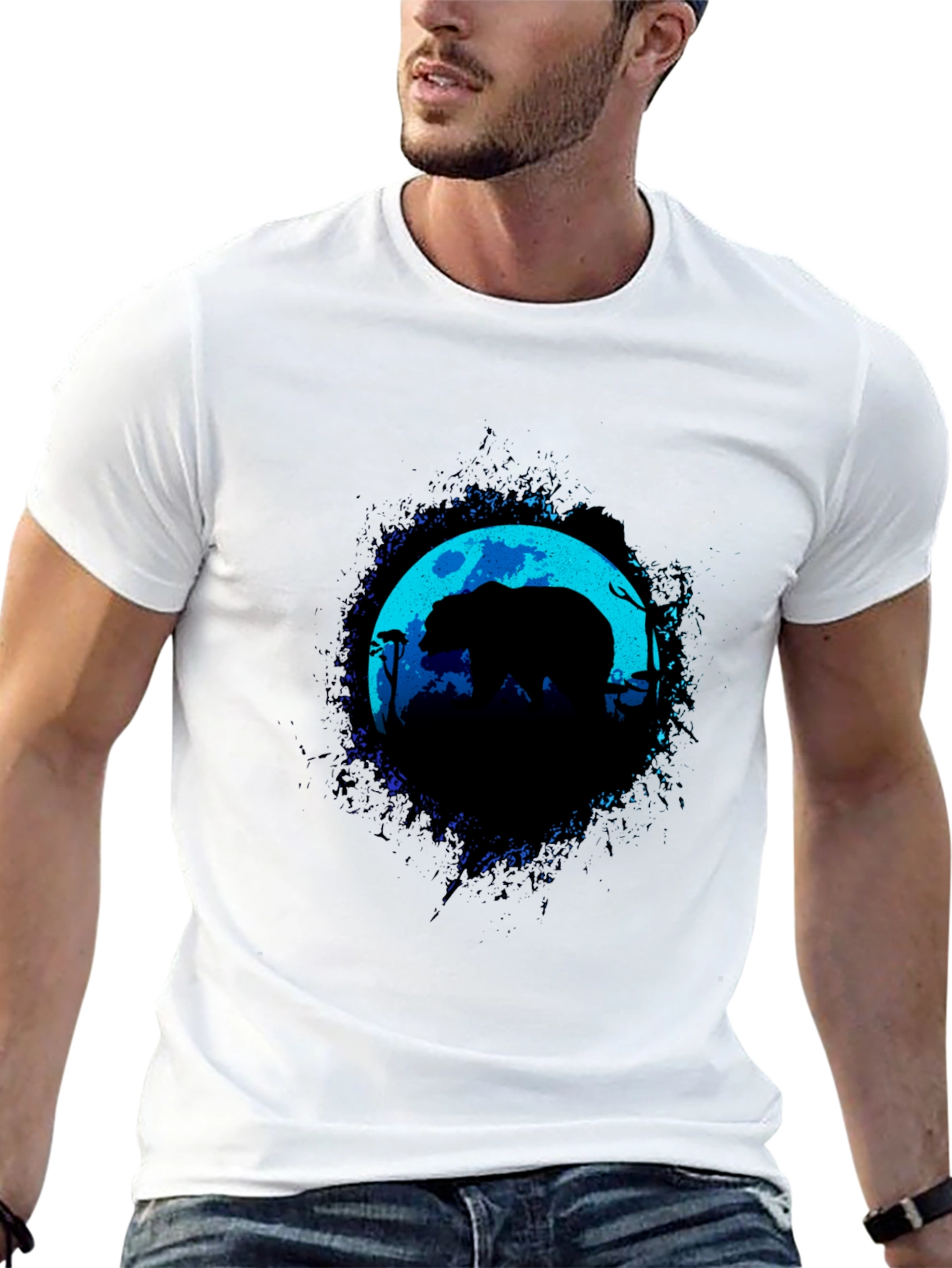 Bear Moon Silhouette Graphic Black T-Shirt