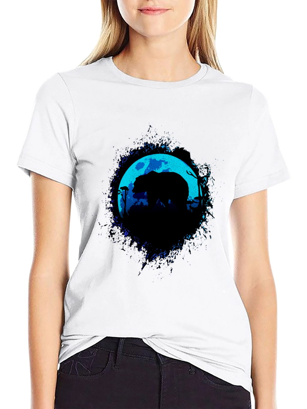Bear Moon Silhouette Graphic Black T-Shirt