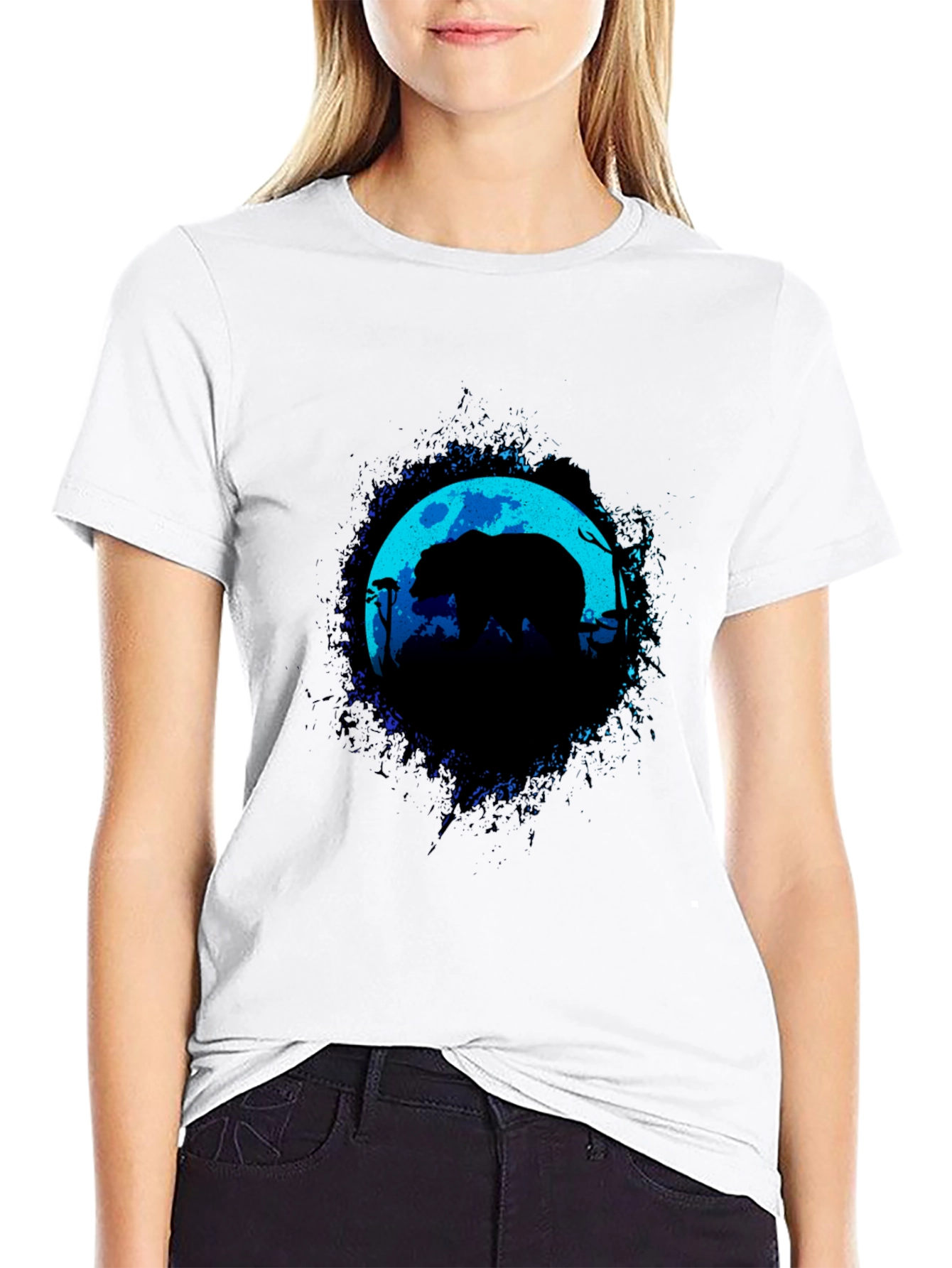 Bear Moon Silhouette Graphic Black T-Shirt