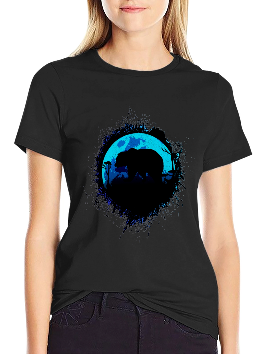 Bear Moon Silhouette Graphic Black T-Shirt