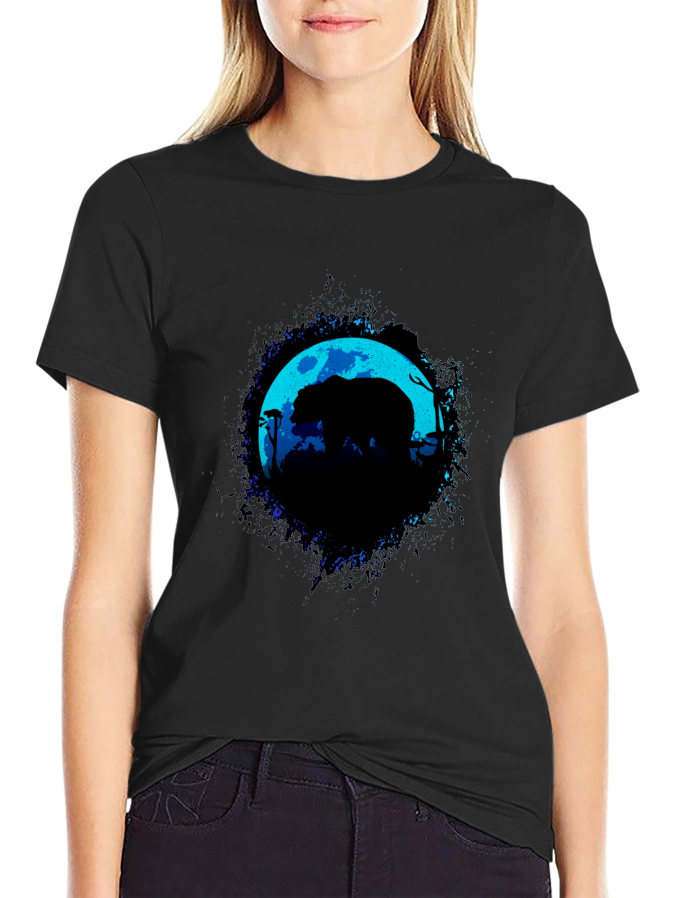 Bear Moon Silhouette Graphic Black T-Shirt
