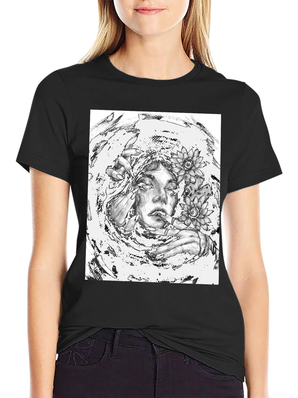 Monochrome Floral Graphic Tee - Artistic Cotton T-Shirt
