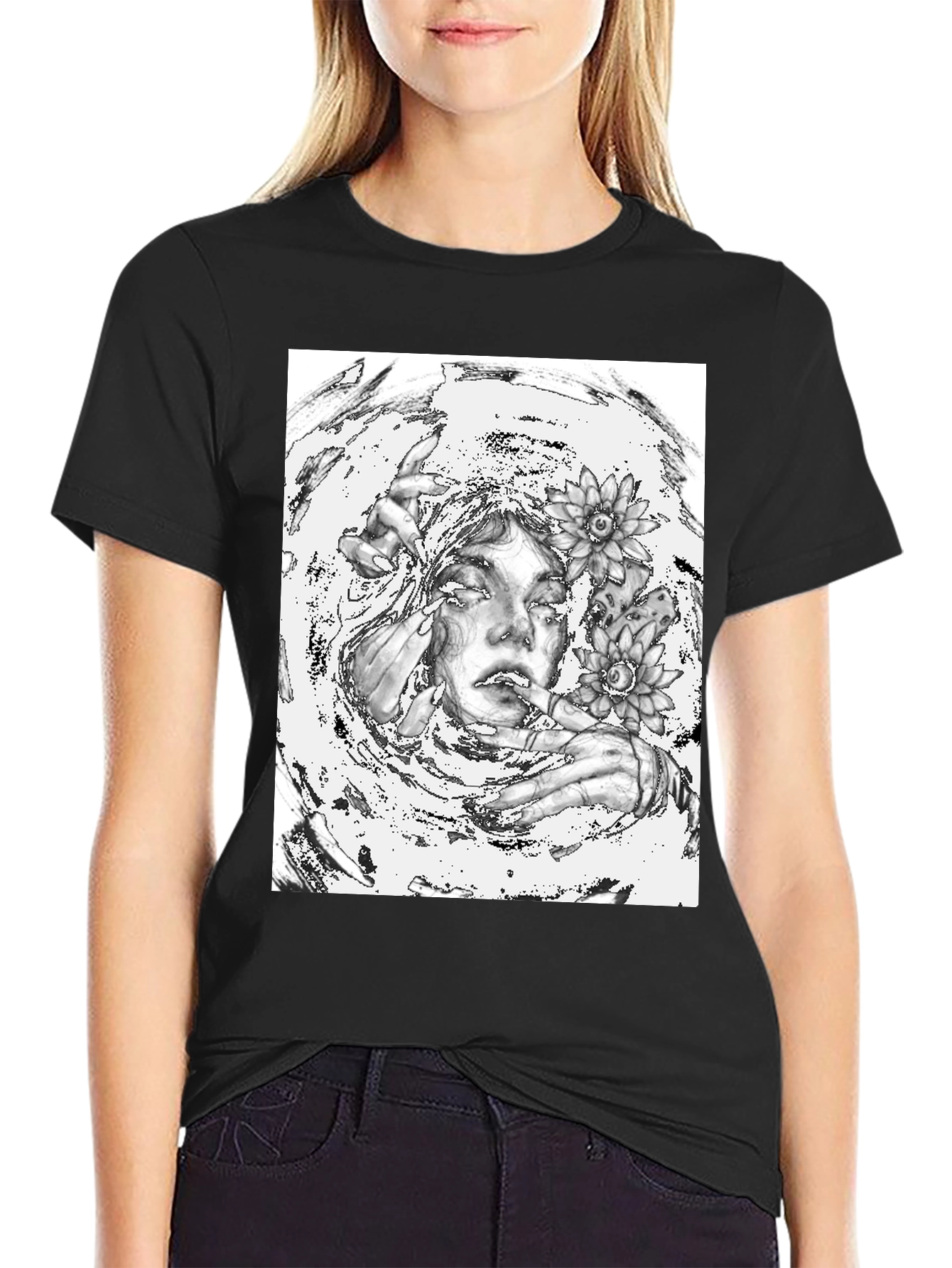 Monochrome Floral Graphic Tee - Artistic Cotton T-Shirt