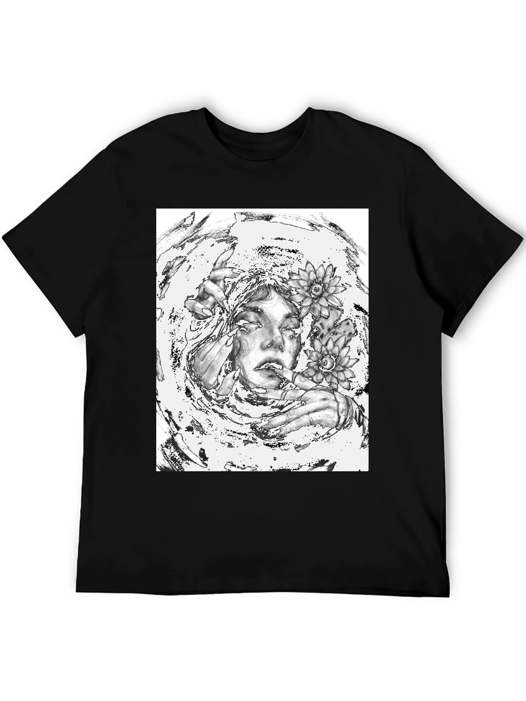 Monochrome Floral Graphic Tee - Artistic Cotton T-Shirt