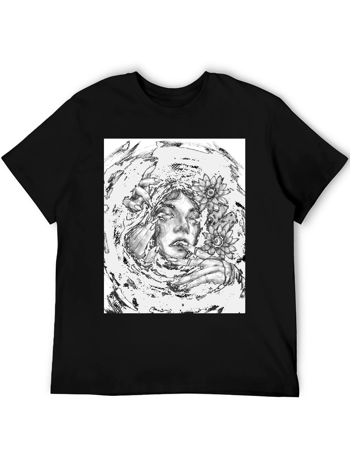 Monochrome Floral Graphic Tee - Artistic Cotton T-Shirt
