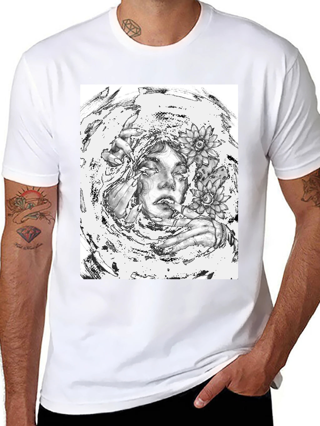 Monochrome Floral Graphic Tee - Artistic Cotton T-Shirt