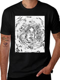 Monochrome Floral Graphic Tee - Artistic Cotton T-Shirt