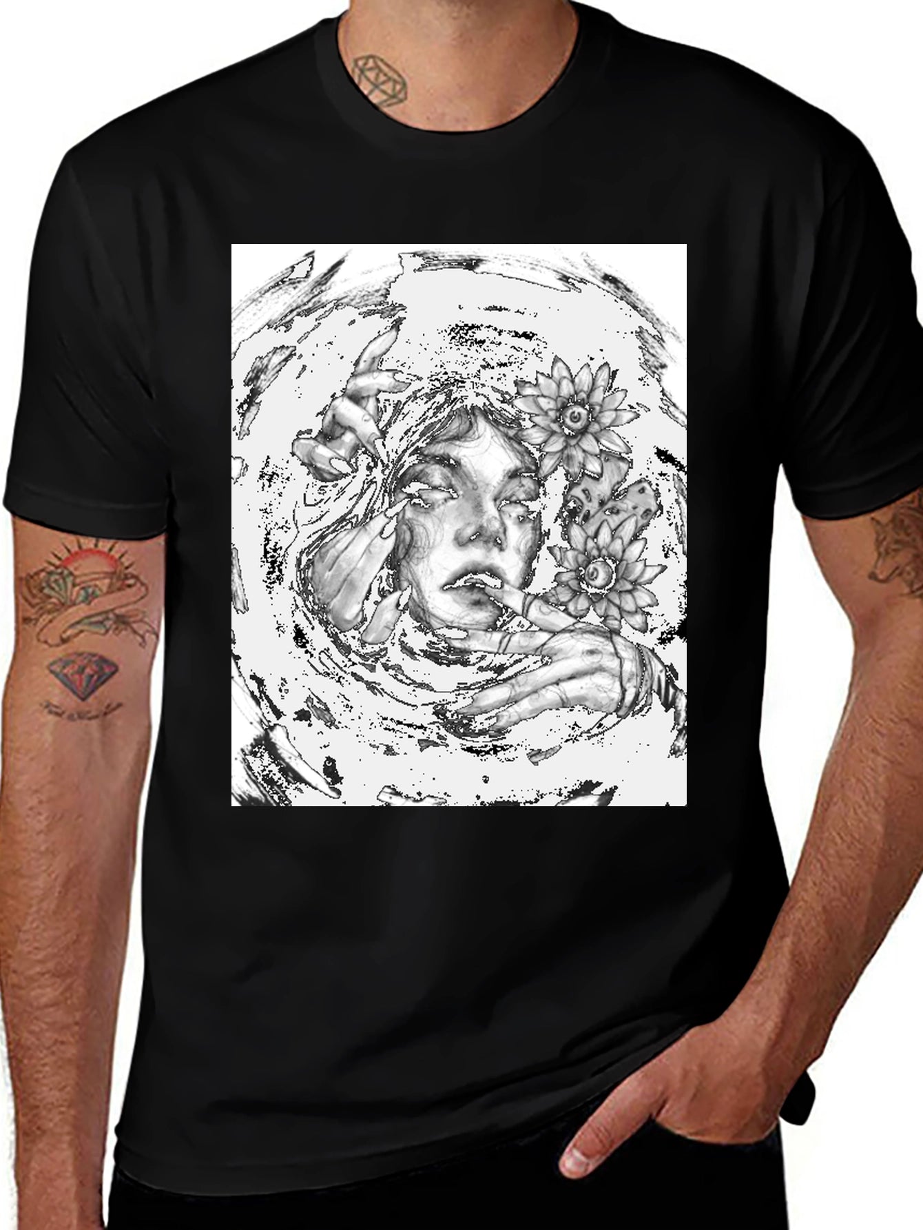 Monochrome Floral Graphic Tee - Artistic Cotton T-Shirt