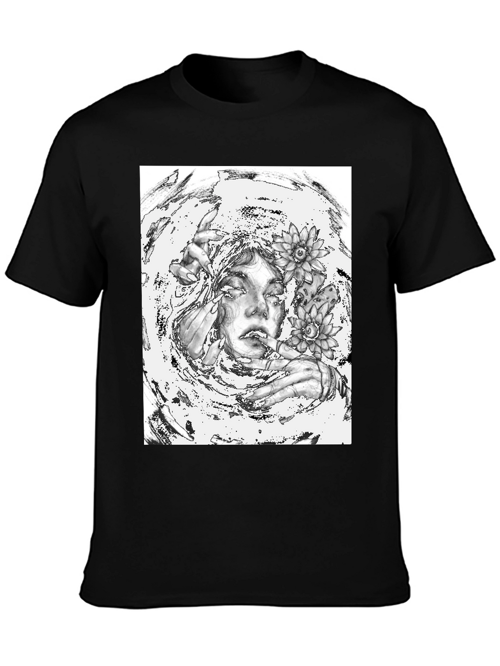 Monochrome Floral Graphic Tee - Artistic Cotton T-Shirt