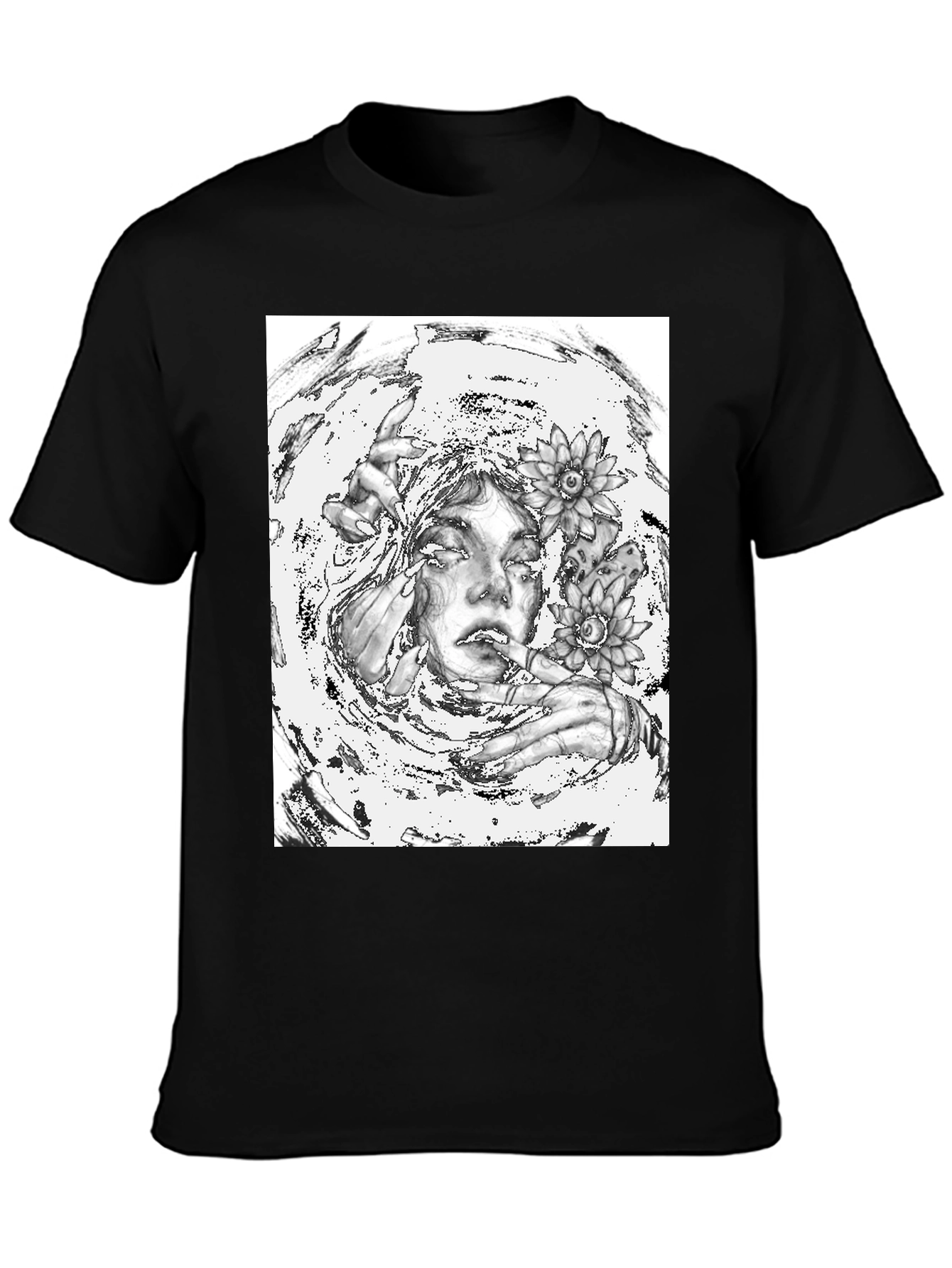 Monochrome Floral Graphic Tee - Artistic Cotton T-Shirt