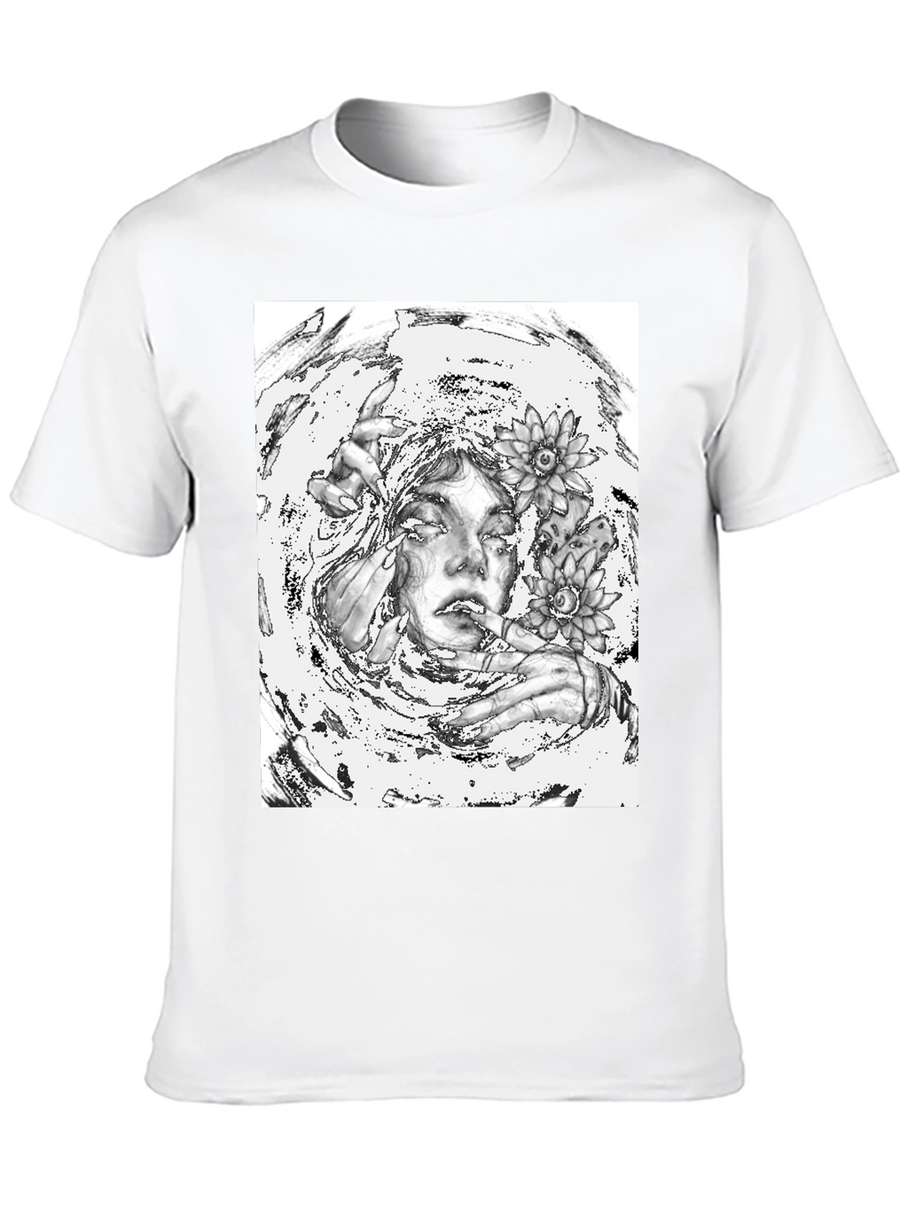 Monochrome Floral Graphic Tee - Artistic Cotton T-Shirt