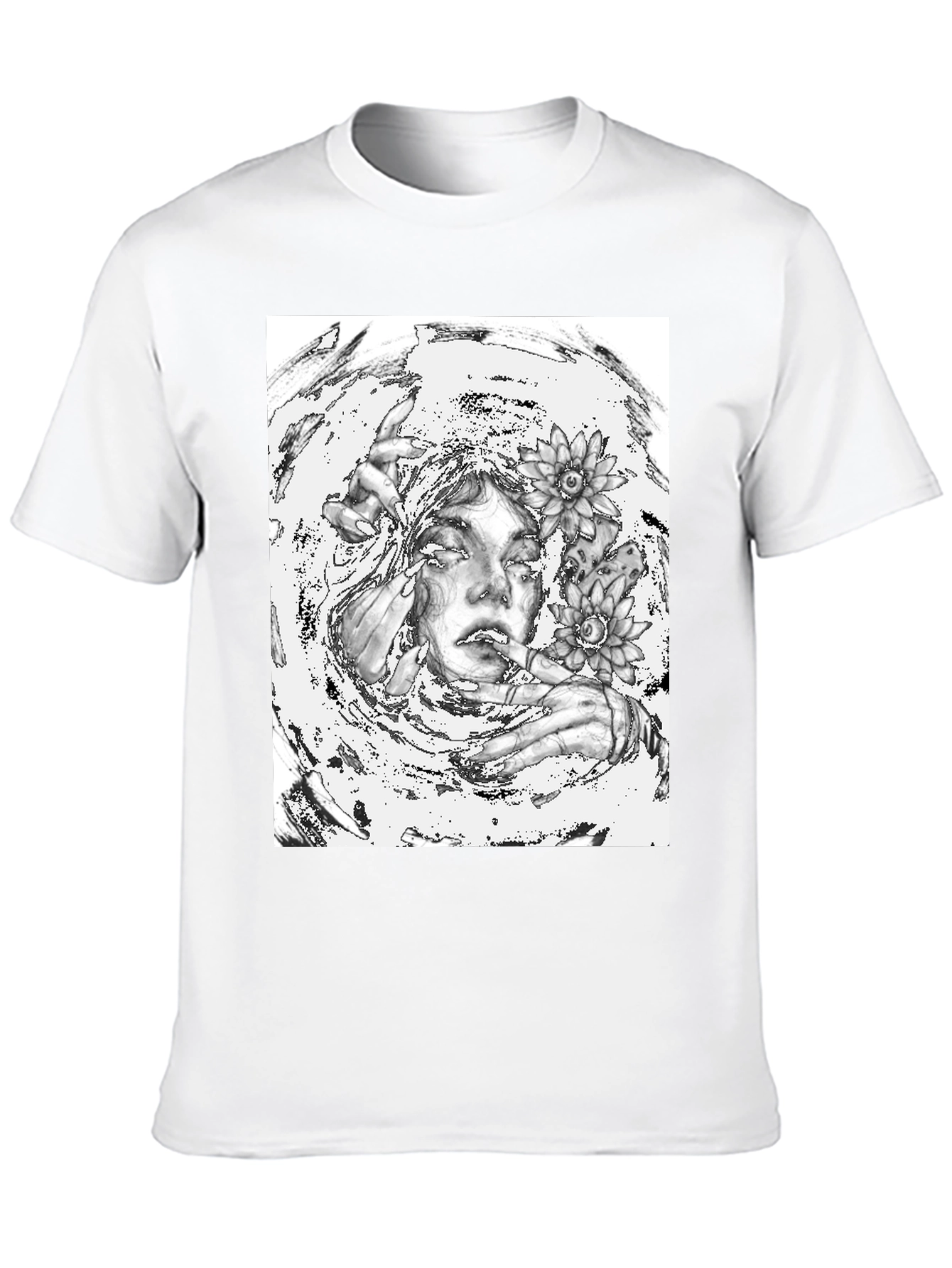 Monochrome Floral Graphic Tee - Artistic Cotton T-Shirt