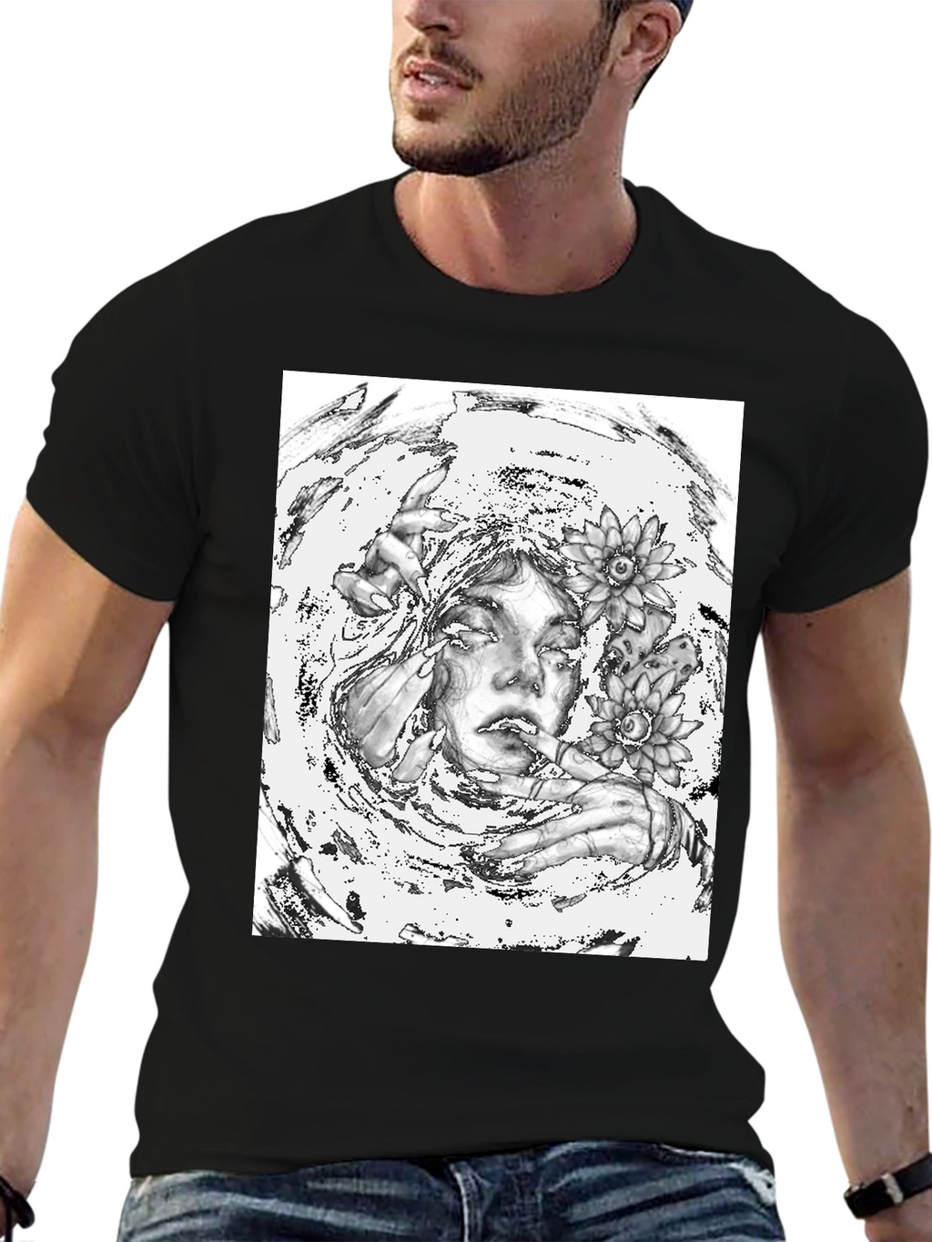 Monochrome Floral Graphic Tee - Artistic Cotton T-Shirt