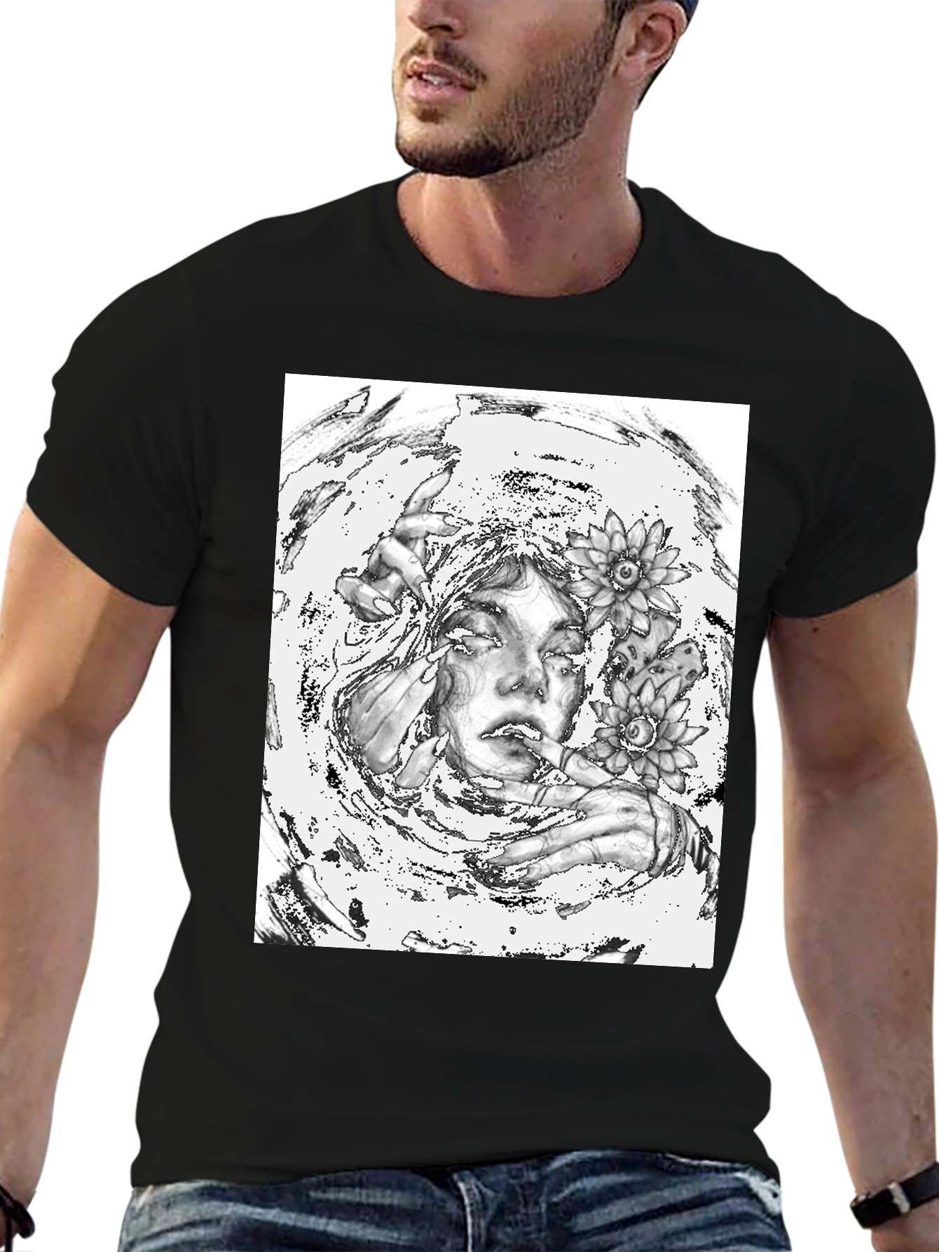 Monochrome Floral Graphic Tee - Artistic Cotton T-Shirt