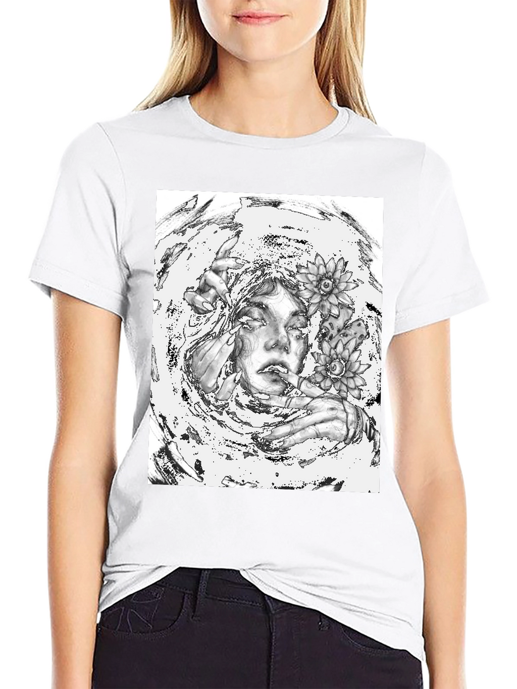 Monochrome Floral Graphic Tee - Artistic Cotton T-Shirt