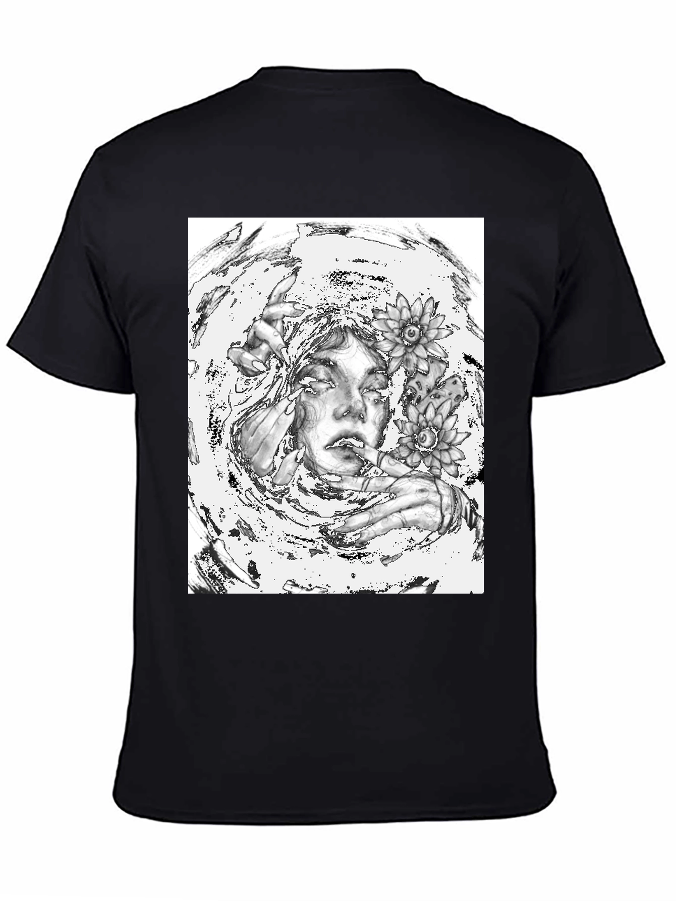 Monochrome Floral Graphic Tee - Artistic Cotton T-Shirt