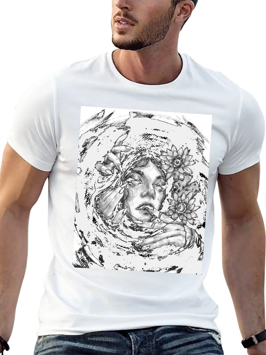 Monochrome Floral Graphic Tee - Artistic Cotton T-Shirt