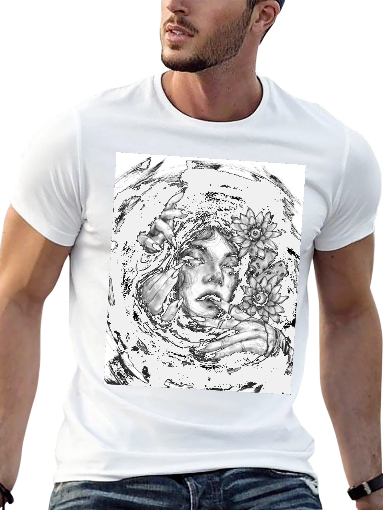 Monochrome Floral Graphic Tee - Artistic Cotton T-Shirt