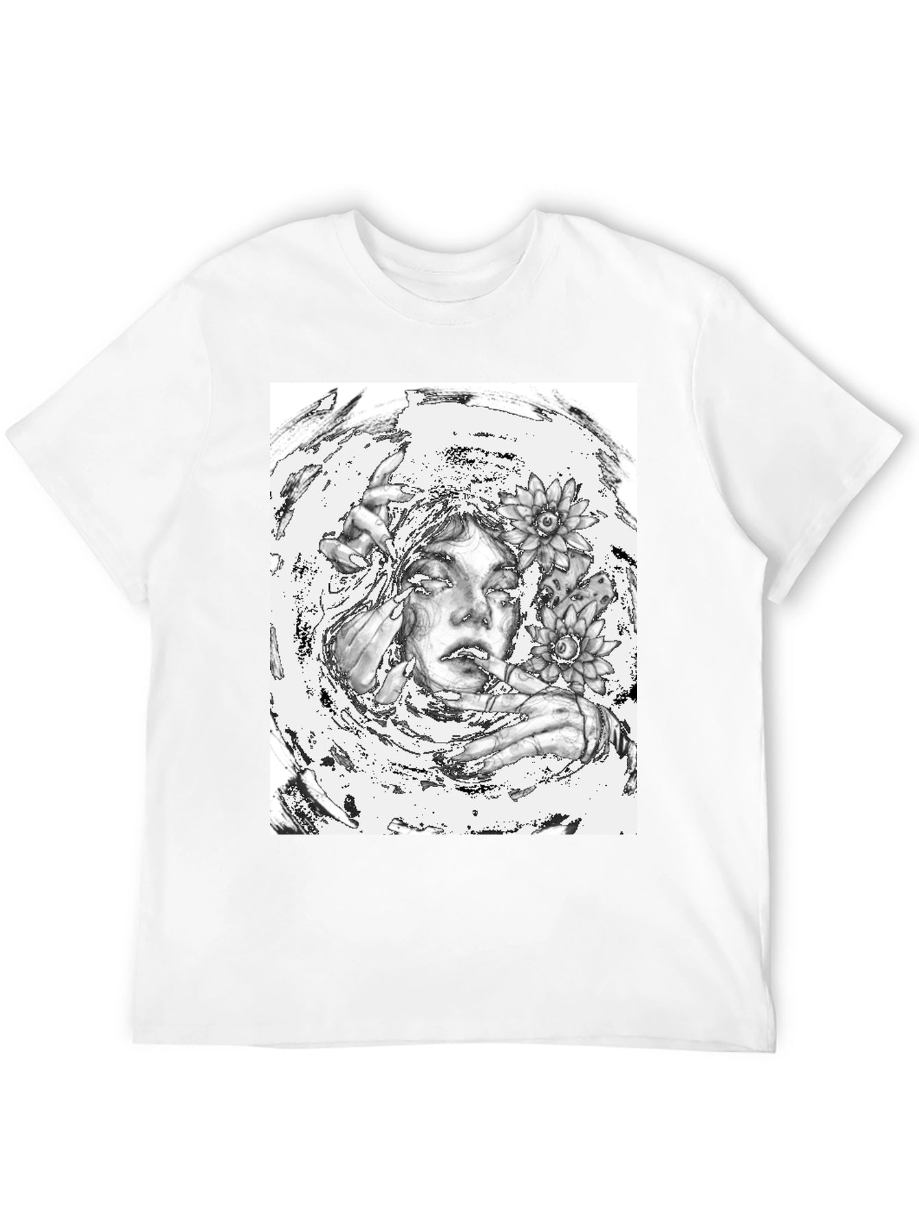 Monochrome Floral Graphic Tee - Artistic Cotton T-Shirt