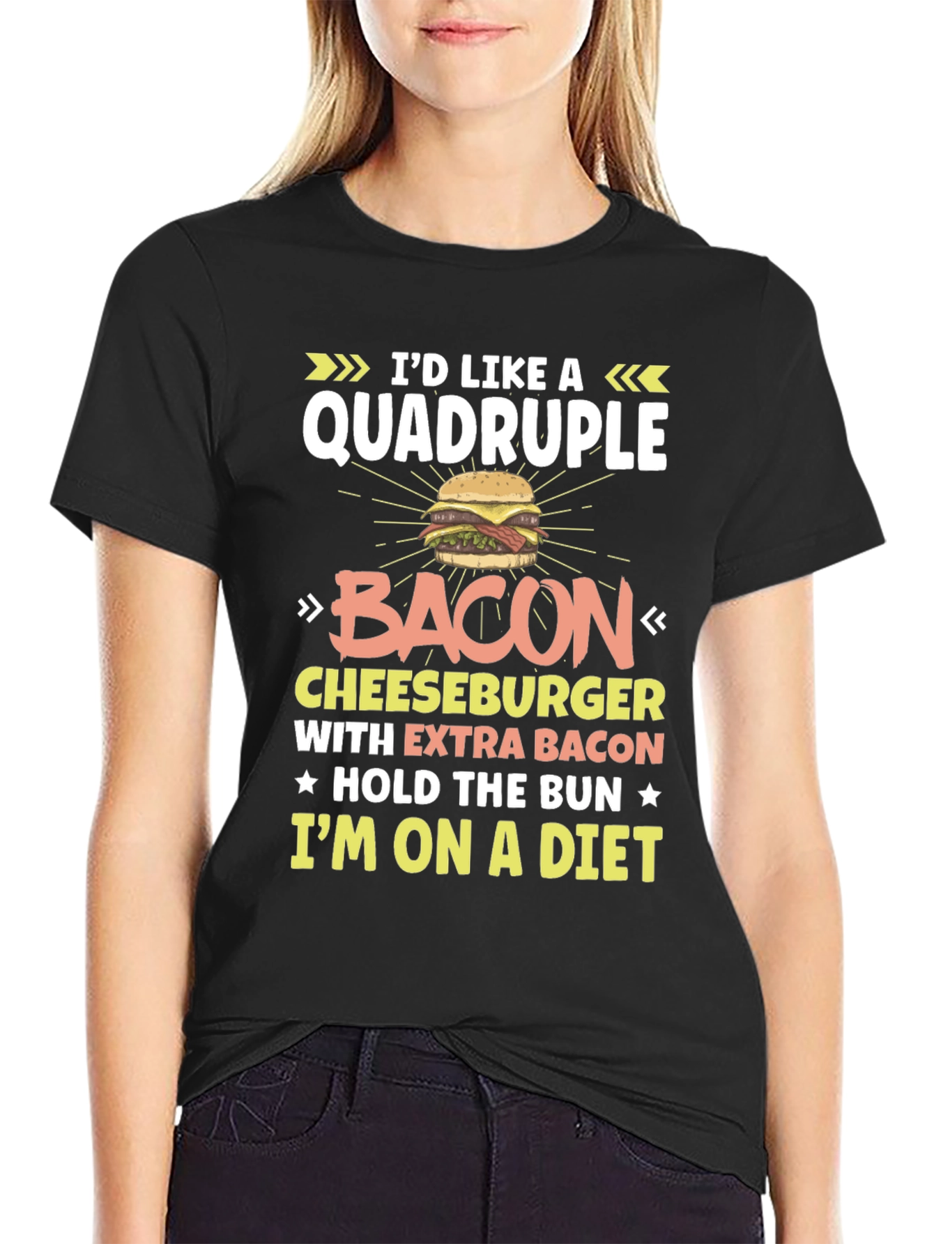 Humorous Quadruple Bacon Cheeseburger Diet T-Shirt