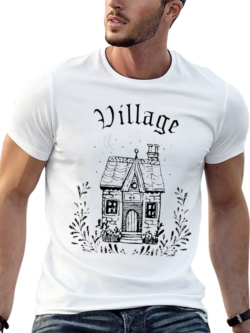 Village House Graphic Print Black T-Shirt