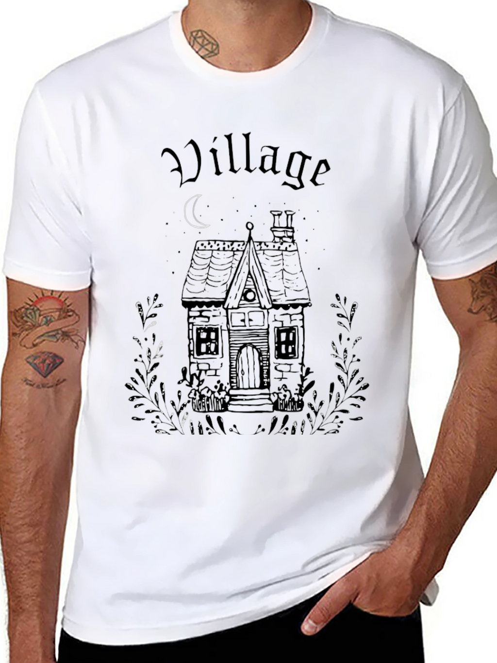 Village House Graphic Print Black T-Shirt