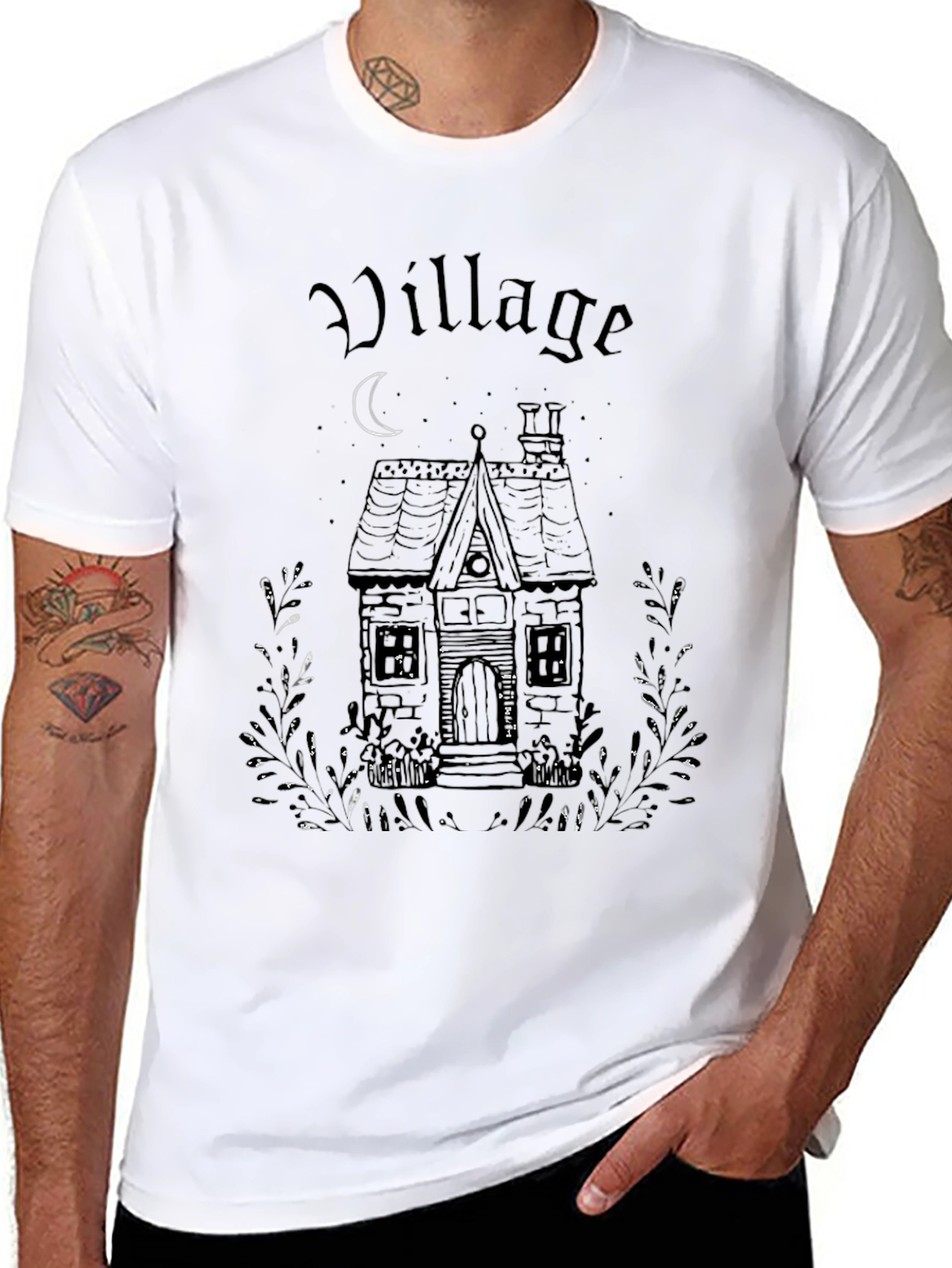 Village House Graphic Print Black T-Shirt
