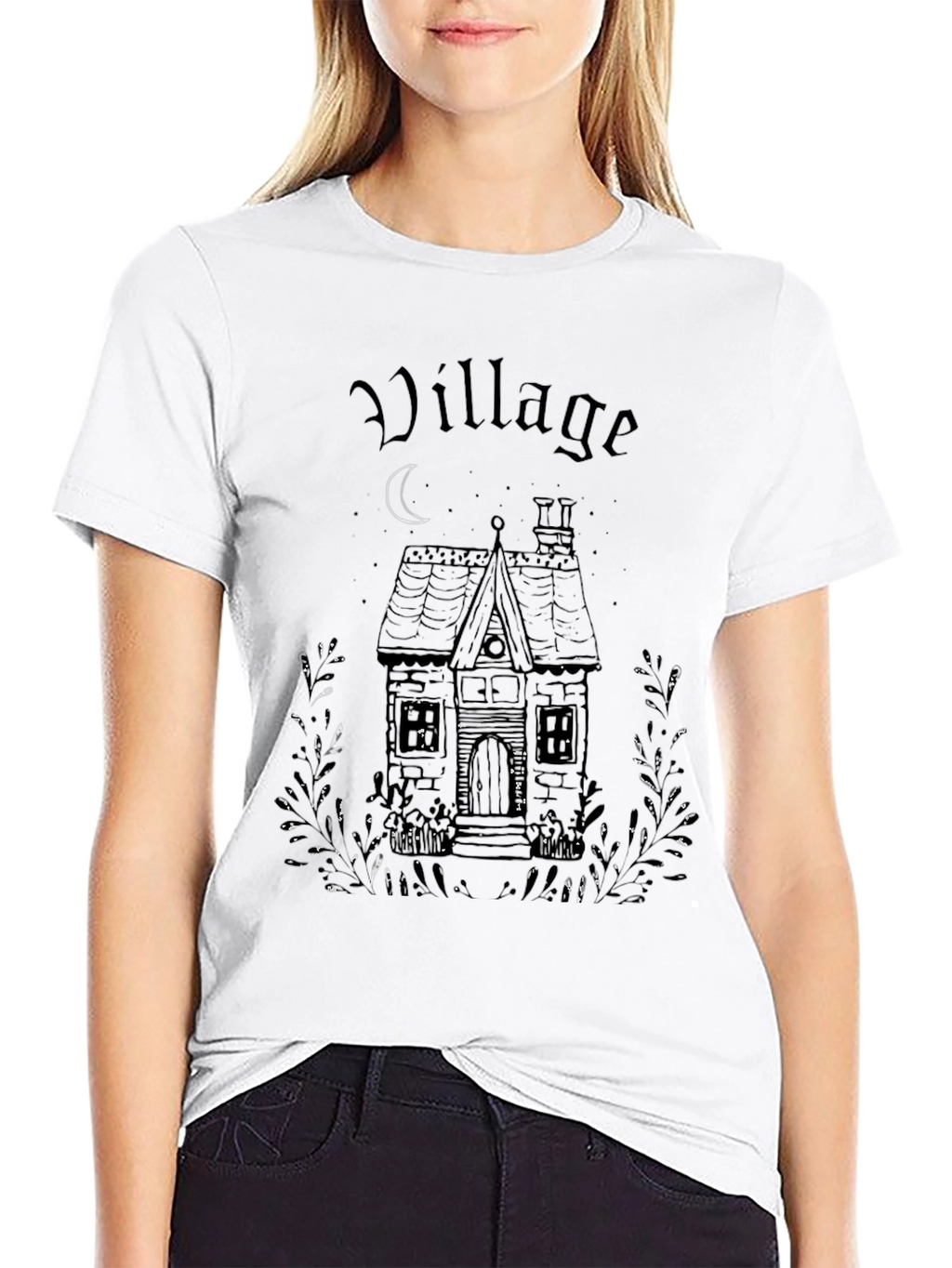 Village House Graphic Print Black T-Shirt
