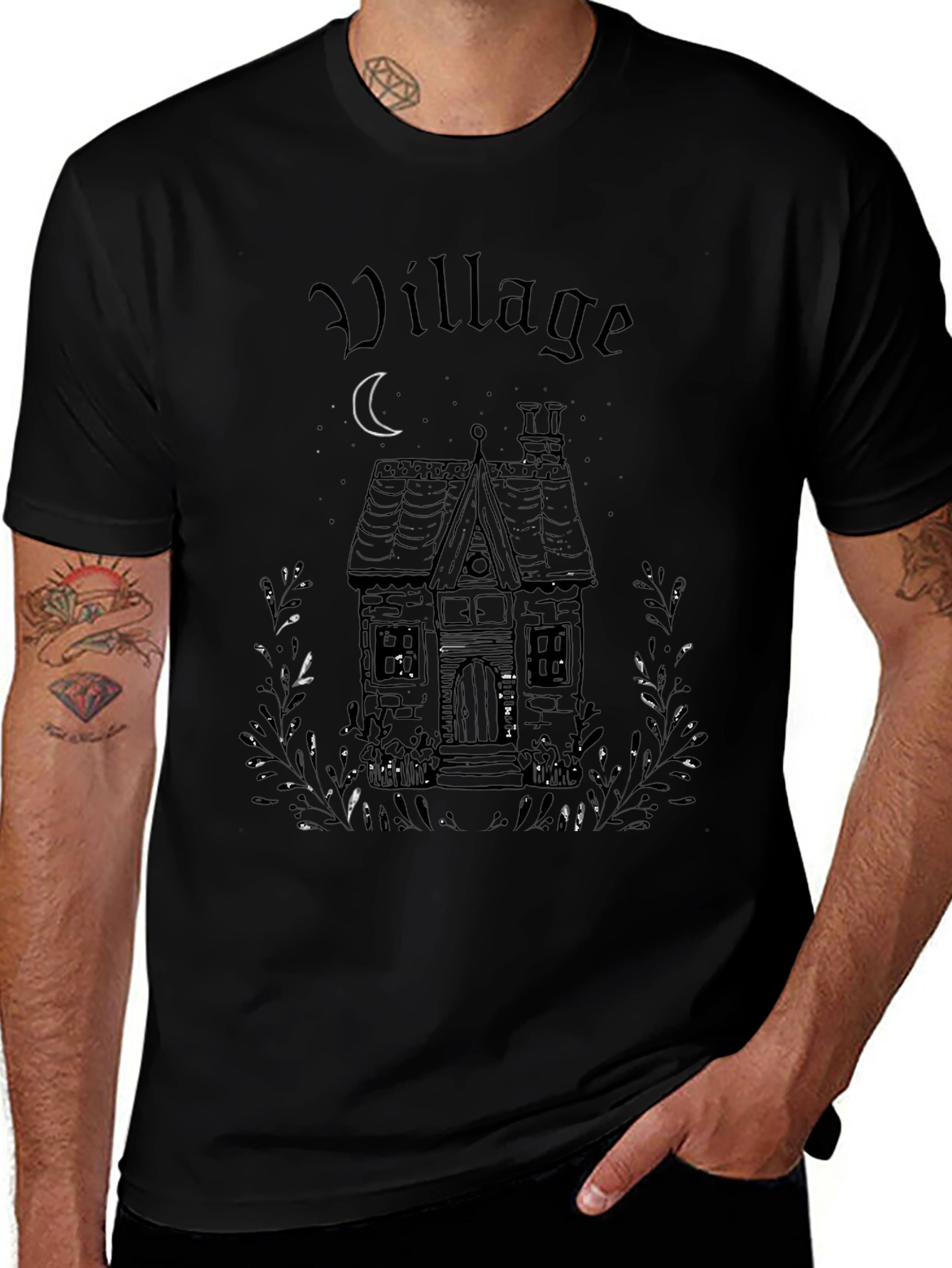 Village House Graphic Print Black T-Shirt