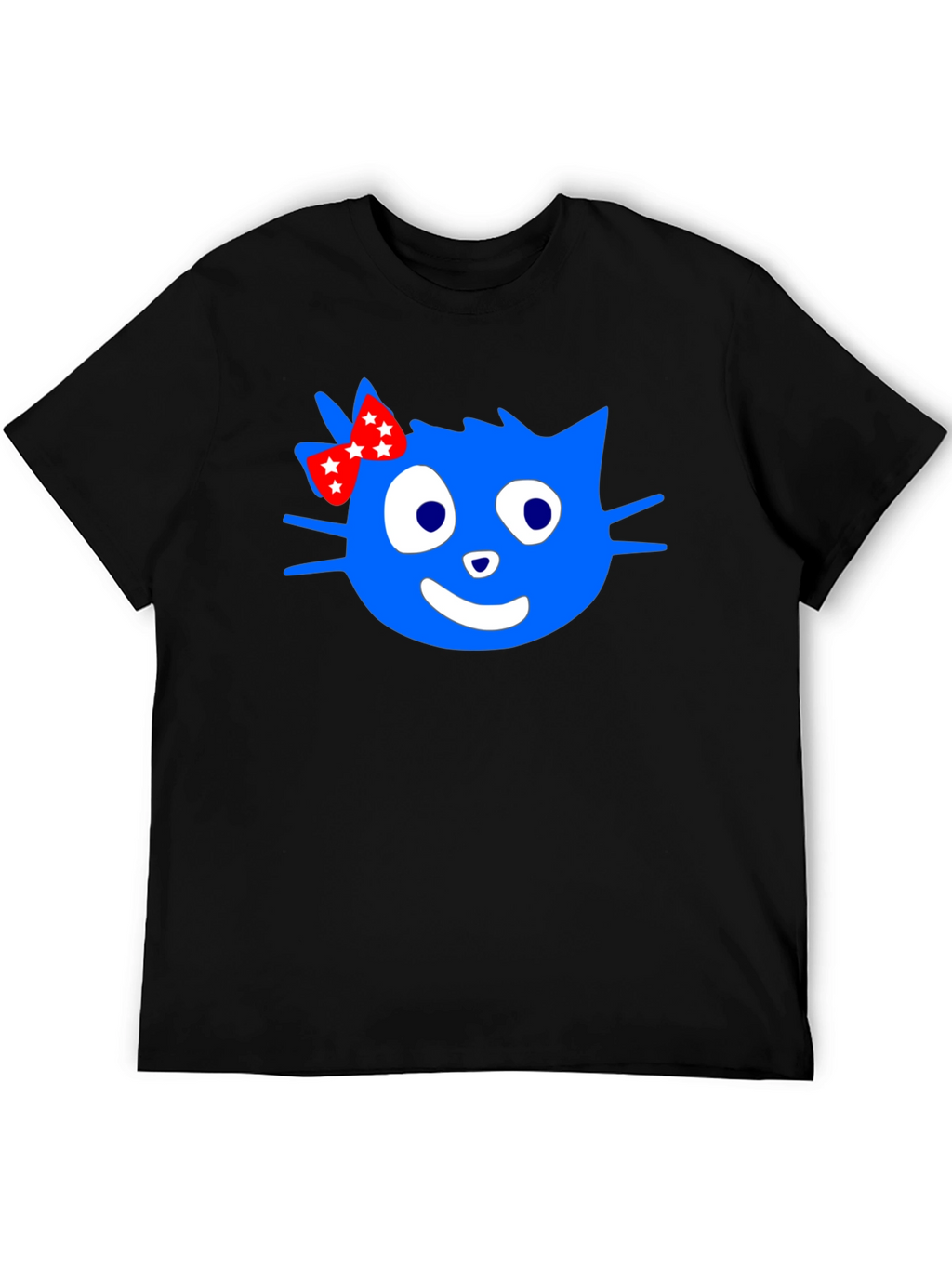 Blue Cartoon Cat with Bow Graphic T-Shirt
