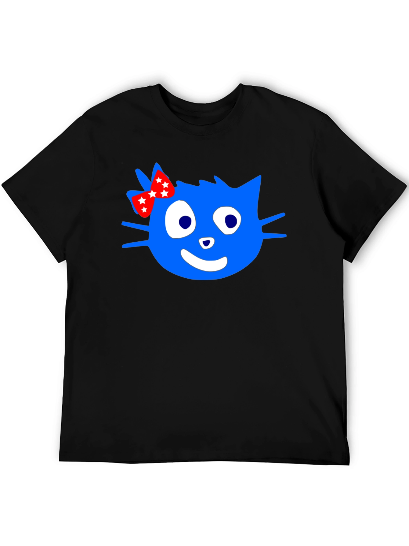 Blue Cartoon Cat with Bow Graphic T-Shirt