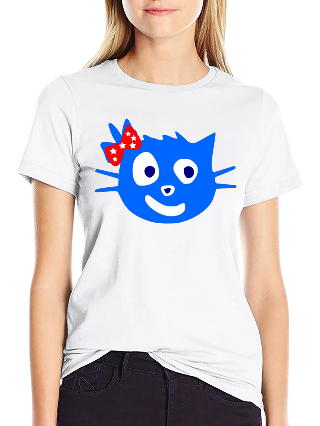 Blue Cartoon Cat with Bow Graphic T-Shirt