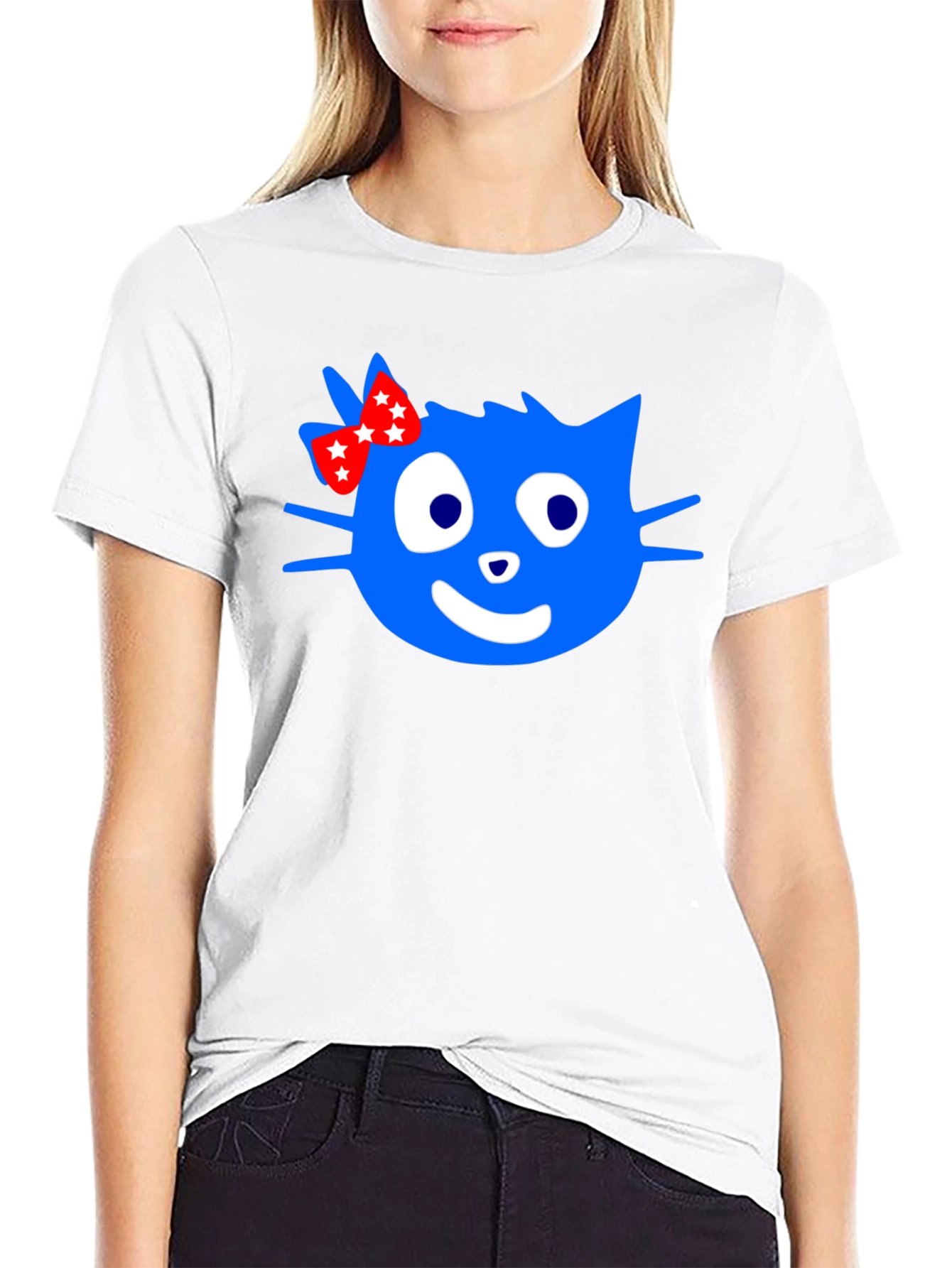 Blue Cartoon Cat with Bow Graphic T-Shirt