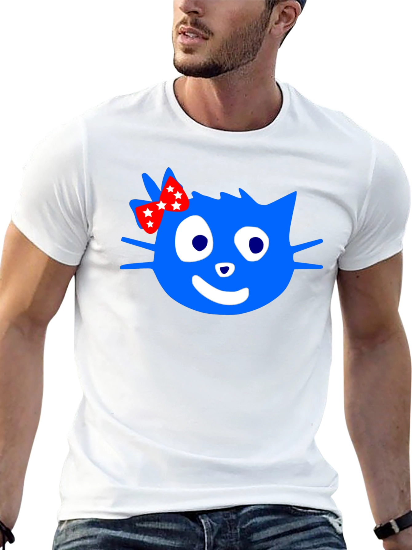 Blue Cartoon Cat with Bow Graphic T-Shirt