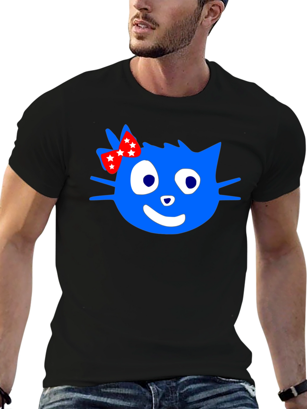 Blue Cartoon Cat with Bow Graphic T-Shirt