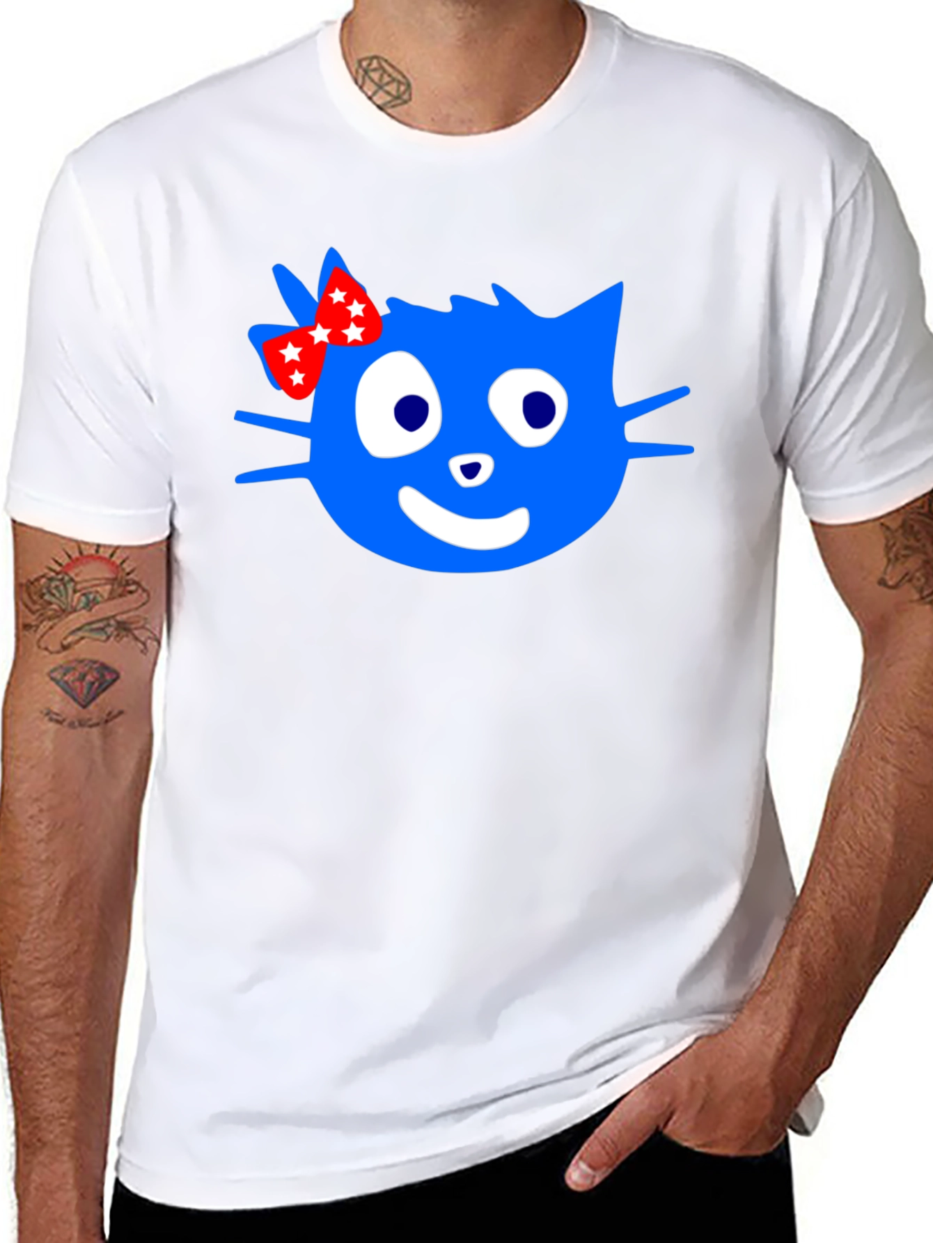 Blue Cartoon Cat with Bow Graphic T-Shirt