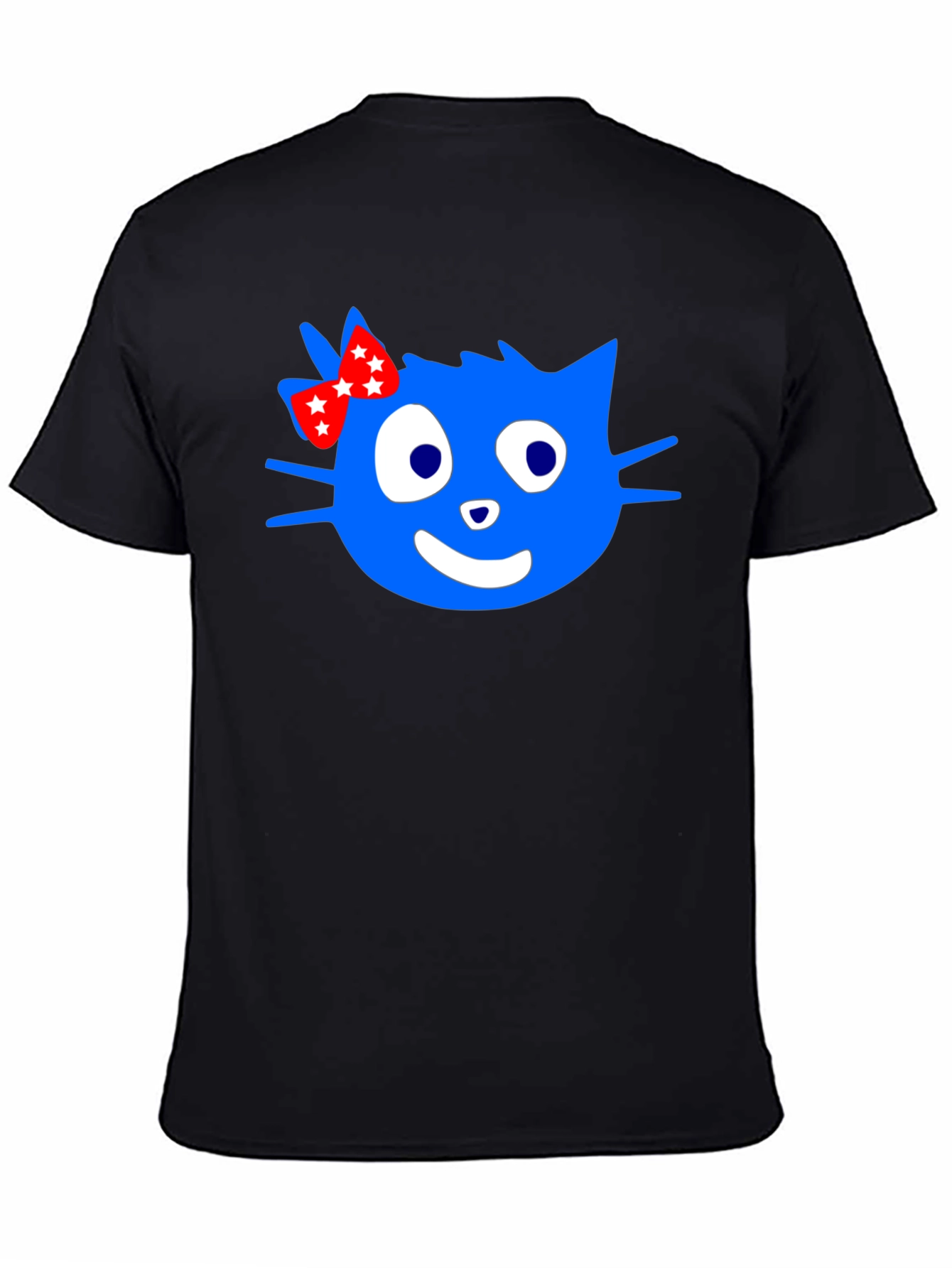 Blue Cartoon Cat with Bow Graphic T-Shirt