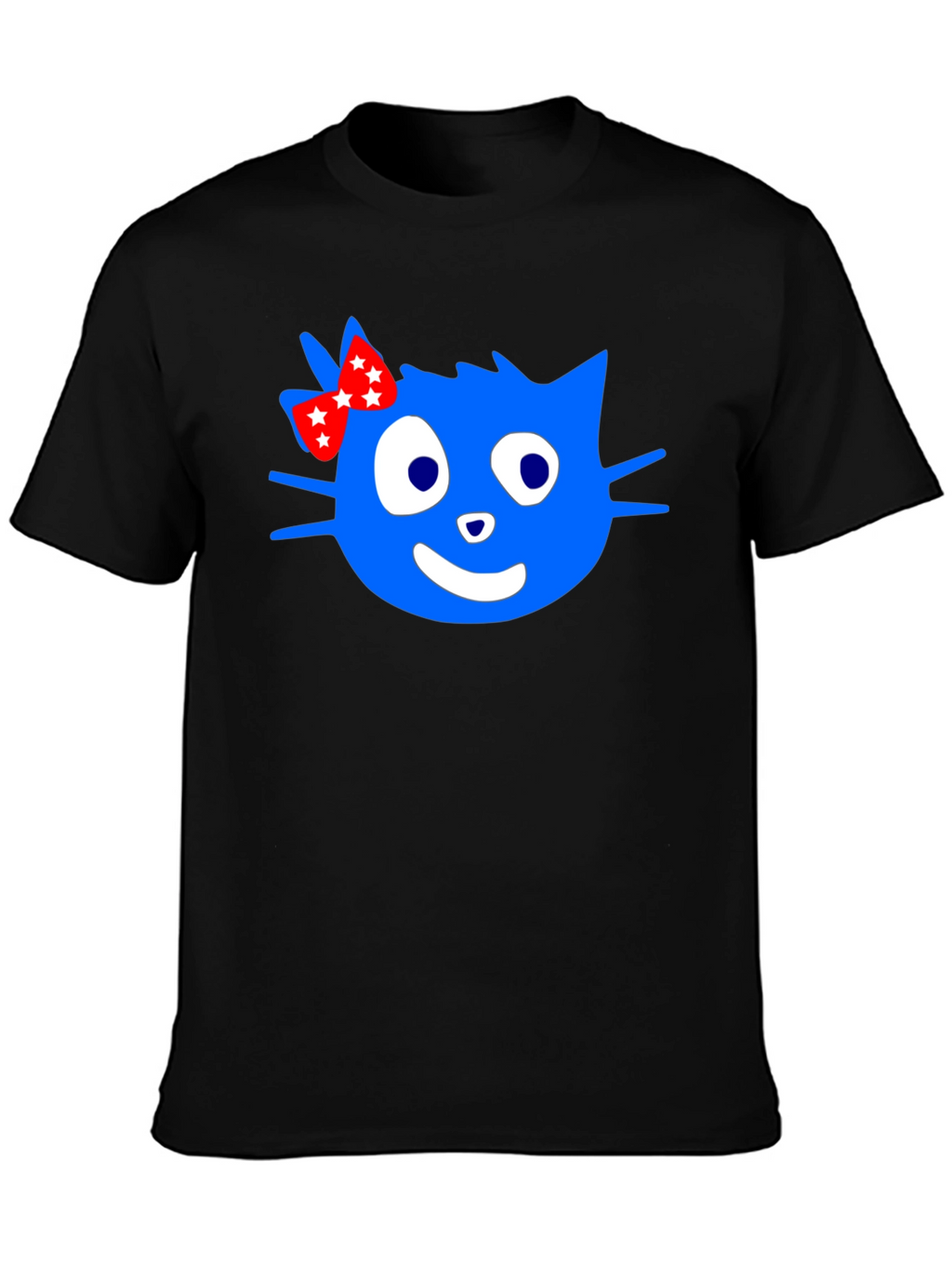 Blue Cartoon Cat with Bow Graphic T-Shirt